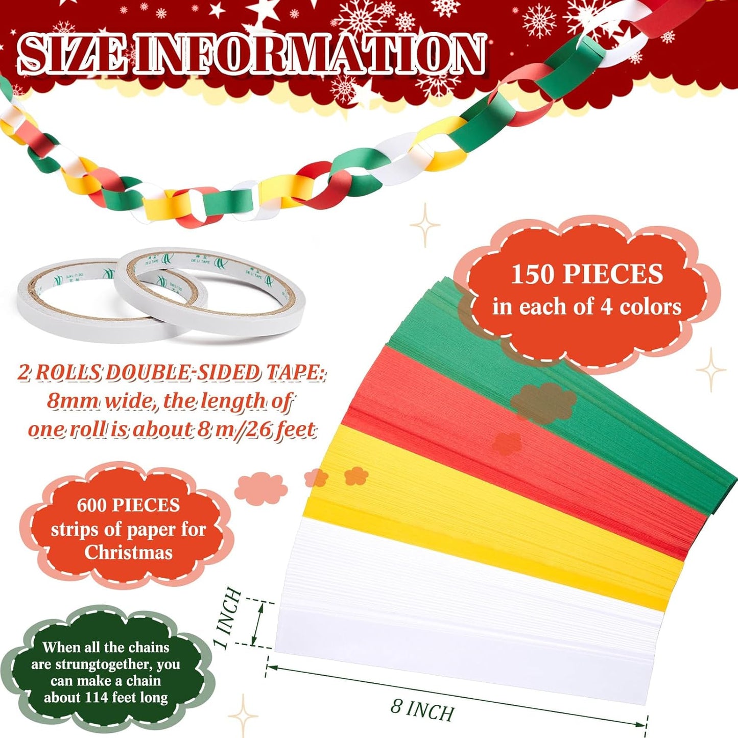 Lincia 600 Sheet Halloween Paper Chain Garland, Construction DIY Crafts Chain Strip for Fall Thanksgiving Party Decor, 1x8 Inch with Double Sided Tape (Christmas)