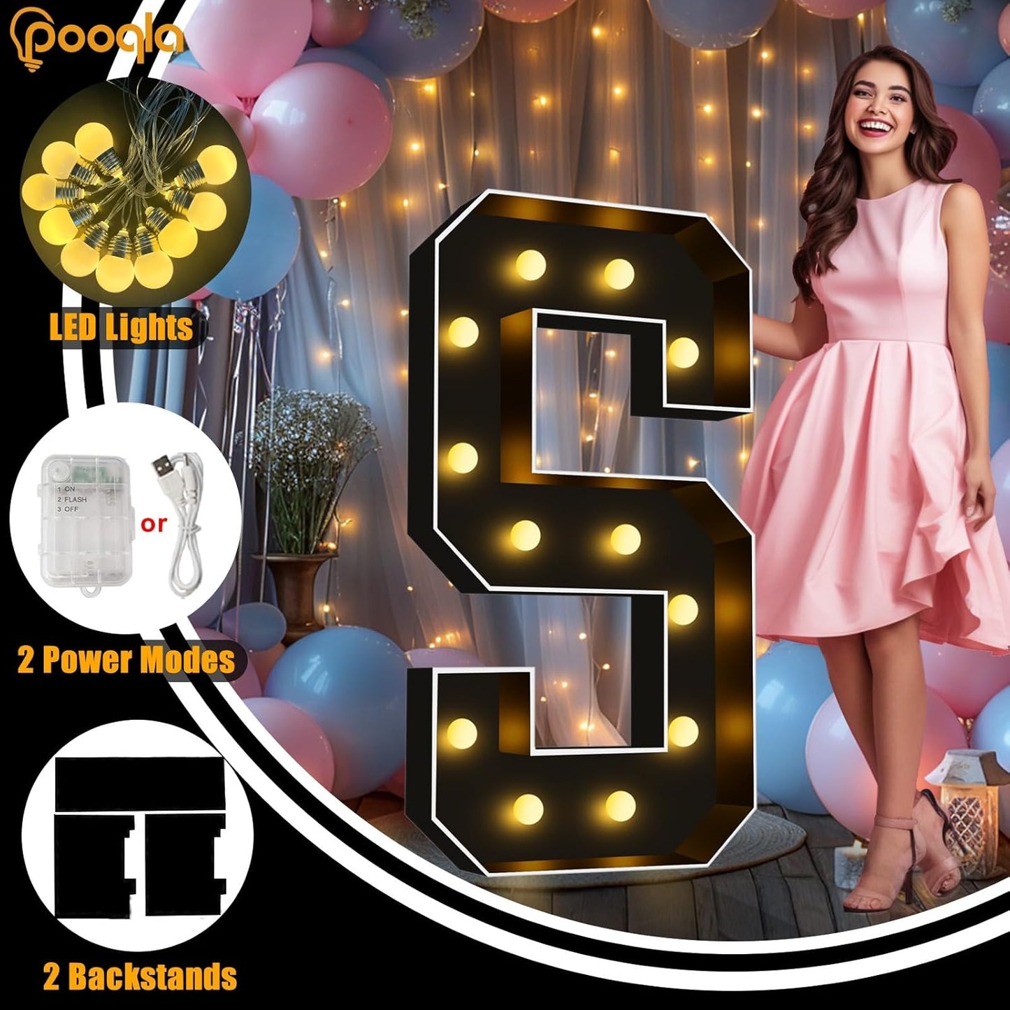 Pooqla 4 FT Marquee Light Up Letters, Black Marquee Letter Lights 4 Feet Tall for Birthday Decoration, Big Mosaic Letters Sign for Balloons Party Anniversary Wedding Decorations, Giant Warm White U