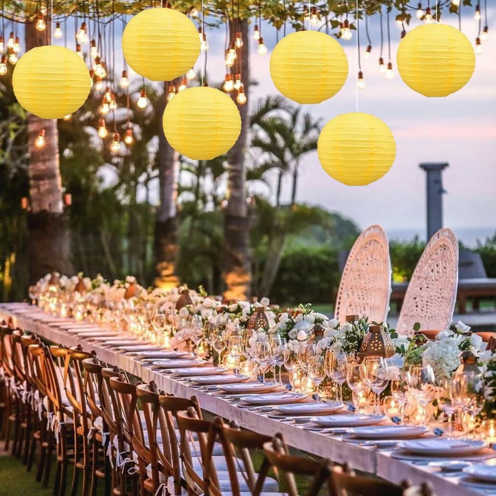 BEISHIDA 8-Inch Yellow Round Paper Lanterns Decorative Hanging Asia Chinese Japanese Paper Lanterns Lamp for Birthday Halloween Wedding Baby Bridal Shower Fall Home Decor Party Decoration（6 Packs）