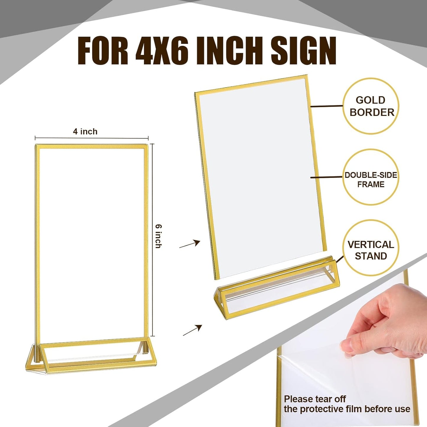 Blulu 12 Pack Acrylic Sign Holder Double Sided Picture Frame Wedding Table Number Stands with Border and Vertical Clear Display Menu Holders for Wedding Party Restaurant(4 x 6 Inch,Gold)