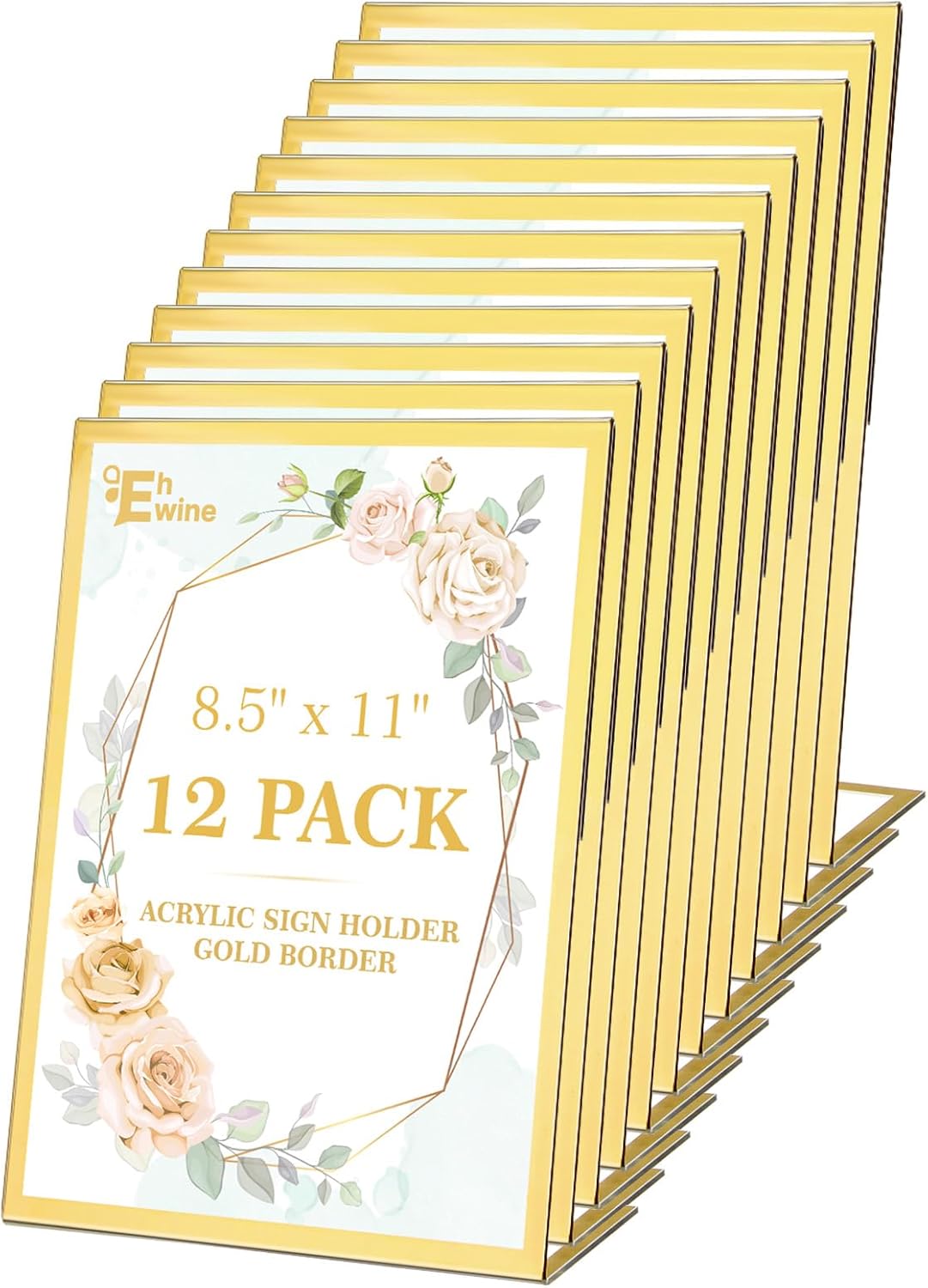 EHWINE 12 Pack Acrylic Sign Holder 8.5 x 11, Gold Picture Frame Stand up Table Top Sign Holders, Slanted Back Paper Holder Clear Display Stand Menu Flyer Holder for Wedding Party