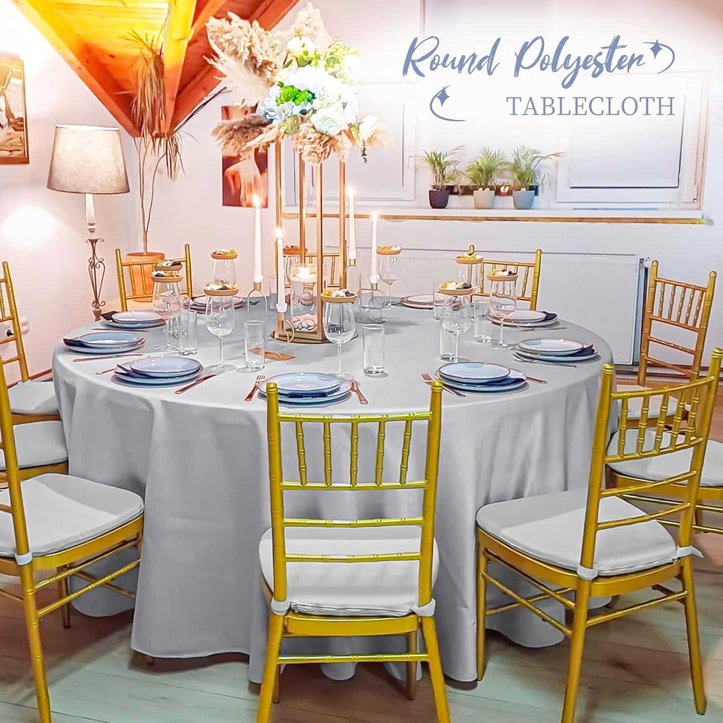 12 Pack Round Tablecloth 120 Inch - Light Grey Polyester Table Cloth for Round Table, Premium Light Grey Tableclothes Washable Fabric Cover for Wedding Party Banquet Restaurant Reception Dining