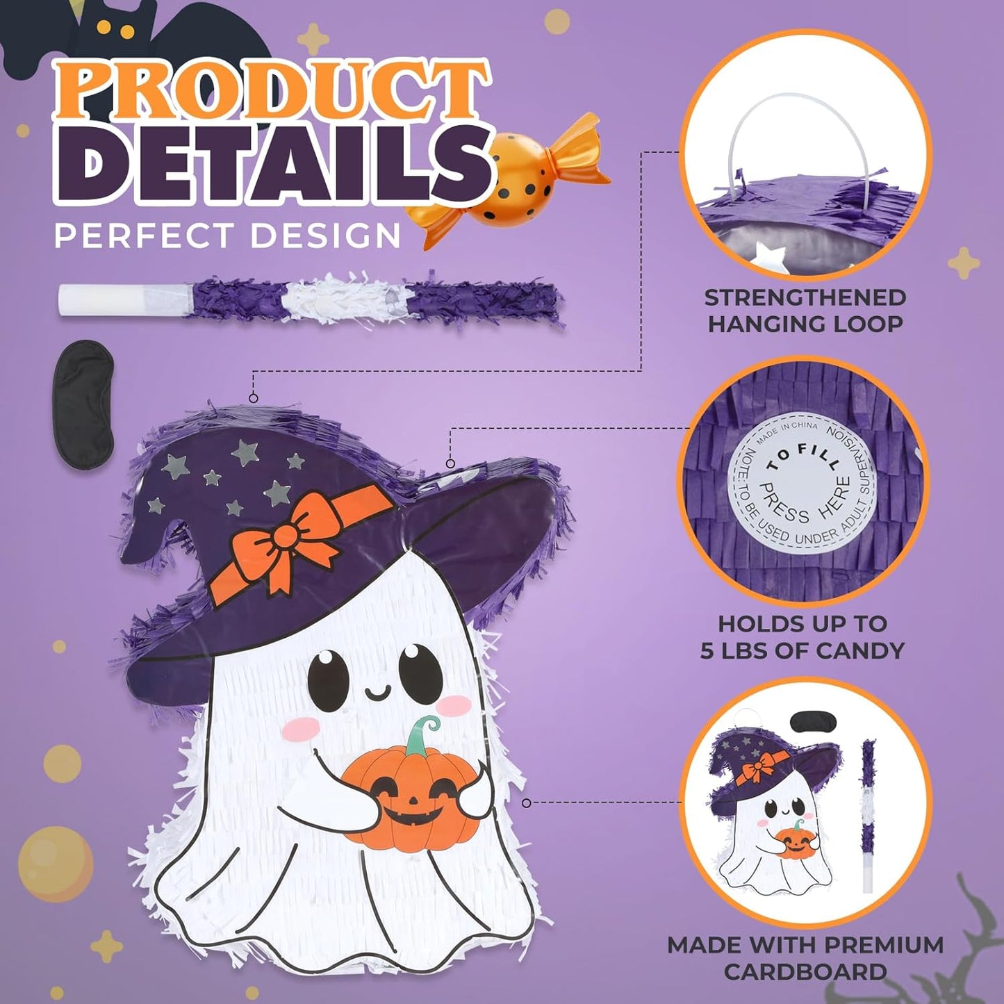 Halloween Ghost Pinatas Bundle with a Blindfold and Bat (16.5x13.1x4 Inches), Perfect for Birthday Parties Games and Decoration, Halloween Party Cute Ghost Pinata
