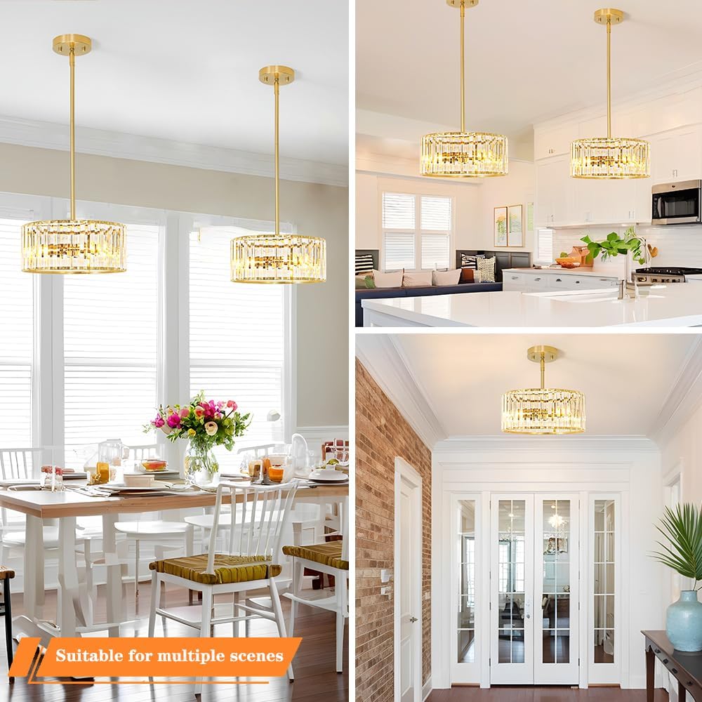 Gold Crystal Chandelier for Dining Room, 3-Light Modern Semi Flush Mount Ceiling Pendant Light Fixture, Round Pendant Lights Kitchen Island, Chandelier for Living Room Bedroom Hallway Entryway, E12