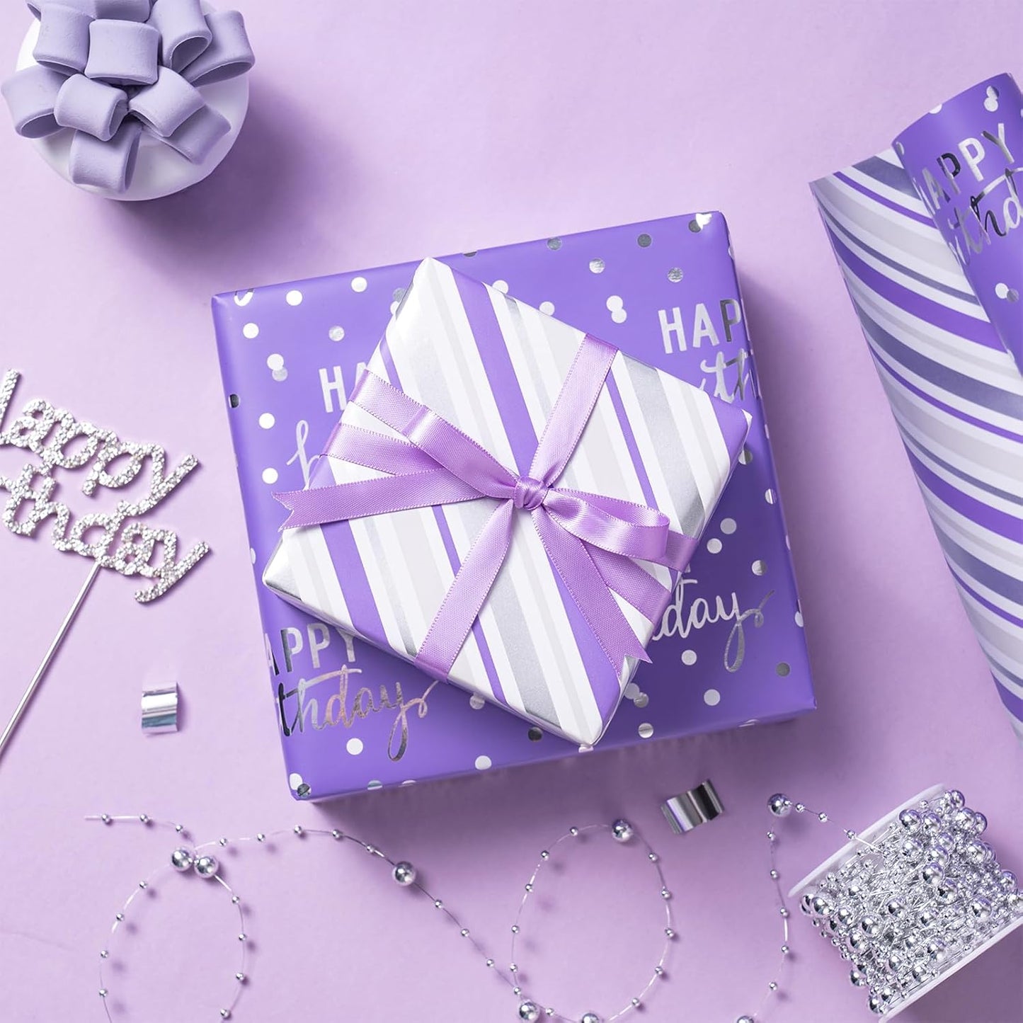 LeZakaa Purple Birthday Wrapping Paper Roll for Girls Women, Happy Birthday Lettering & Stripe Reversible, Metallic Foil, Large Roll, 30 inches x 32.8 Feet (92.9 sq.ft.)