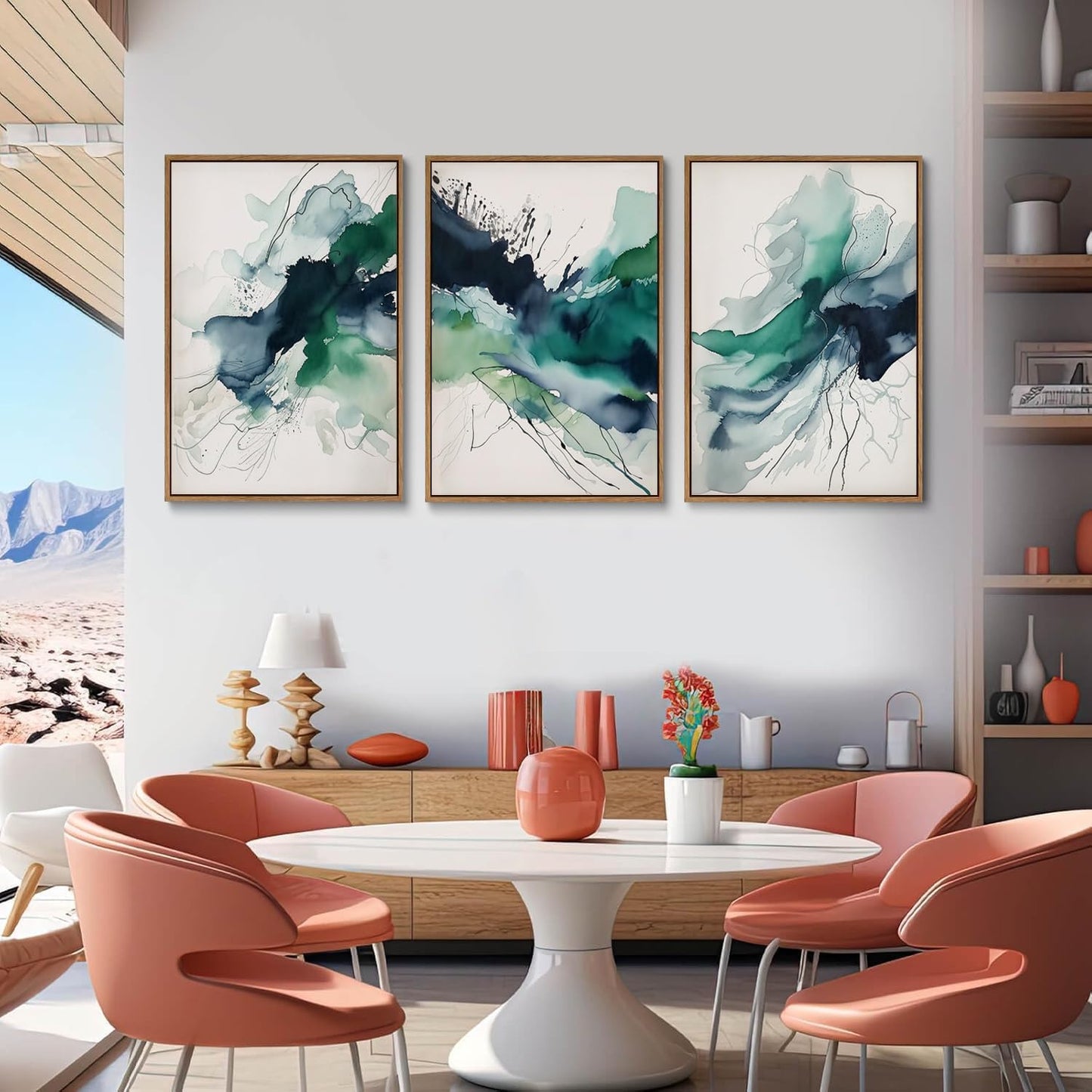myusuar 3 Piece Large Abstract Framed Wall Art For Living Room, Smoke Texture Ink Emerald Green Canvas Wall Art Modern Minimalist Art Prints Wall Décor For Bedroom Office 16x24in