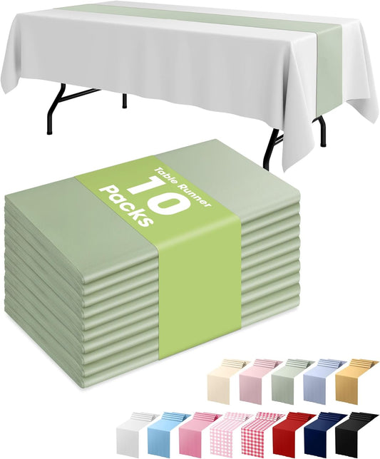 Pureegg Sage Green Plastic Table Runners - 10 Pack, 14'' x 108'', Water Resistant & Disposable Centerpiece Decorations for Table Cloth, Wedding, Birthday, Holiday, Baby Shower, Party, Home Decor