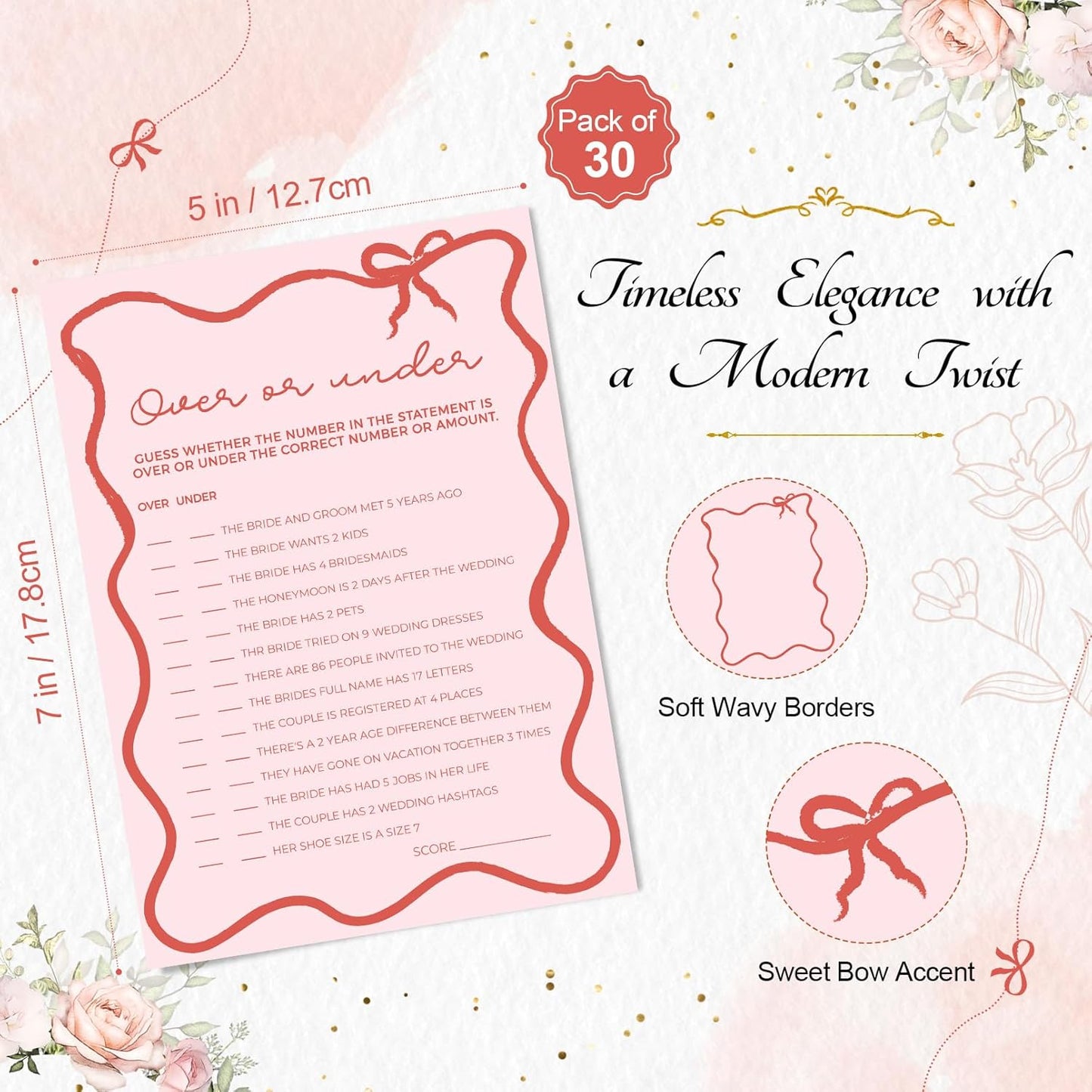 DEEKA 30 PCS Bridal Shower Games Card for 30 Guests Pink Wavy Border Ribbon Bow Funny Wedding Bachelorette Party Games for Reception (Over Or Under)