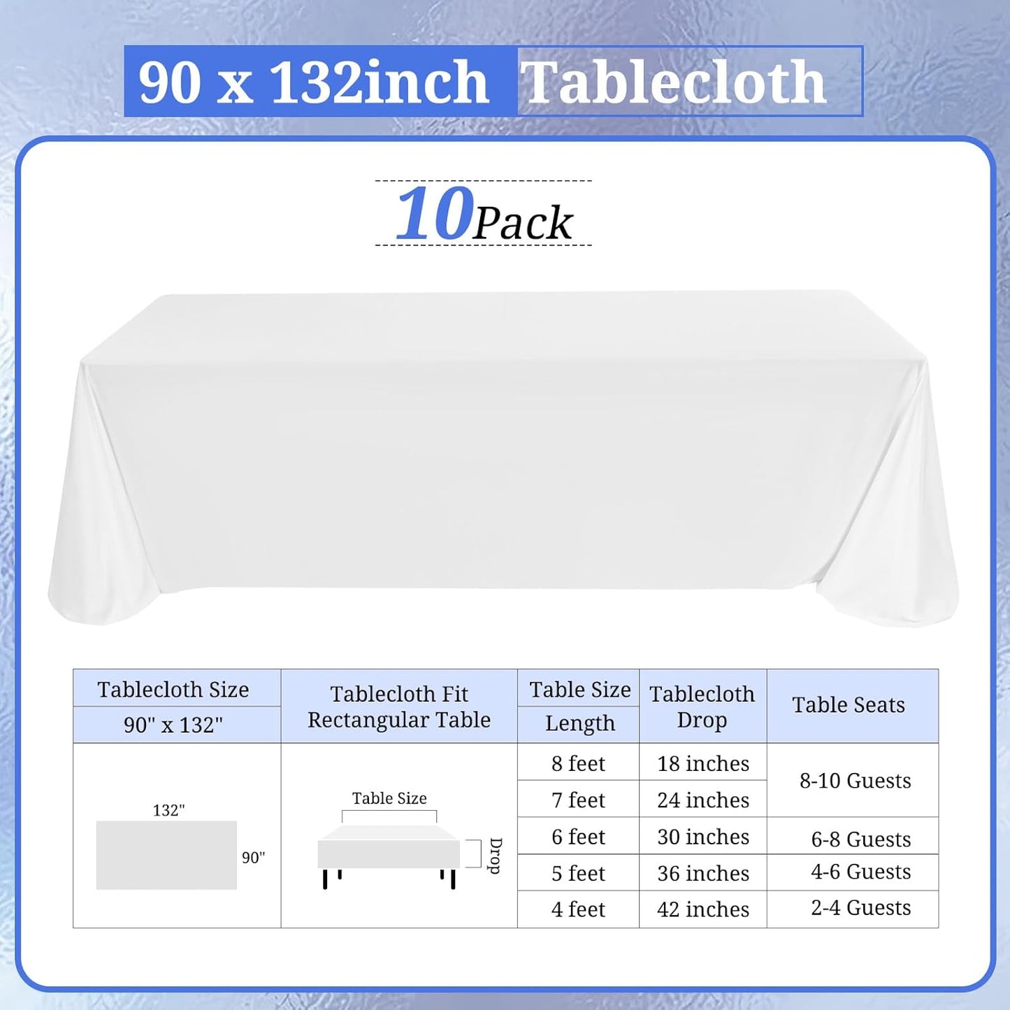 10 Pack Polyester Tablecloths, White 90 x 132 Inch Polyester Table Cloth for 8 Foot Rectangle Tables, Stain and Wrinkle Resistant Washable Fabric Table Cover for Wedding Banquet Restaurant Party