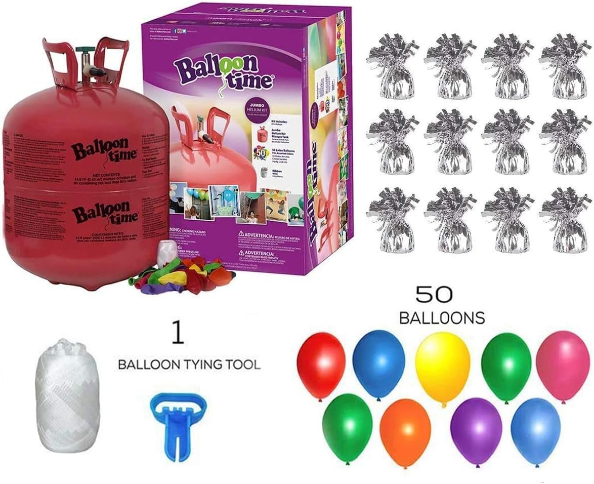 Helium Tank for Balloons At Home 14.9 Cu Ft Helium Tank, 50 Balloons and White Ribbon, 12 Silver Balloon Weights, Balloon Tie Tool and Flower Clips