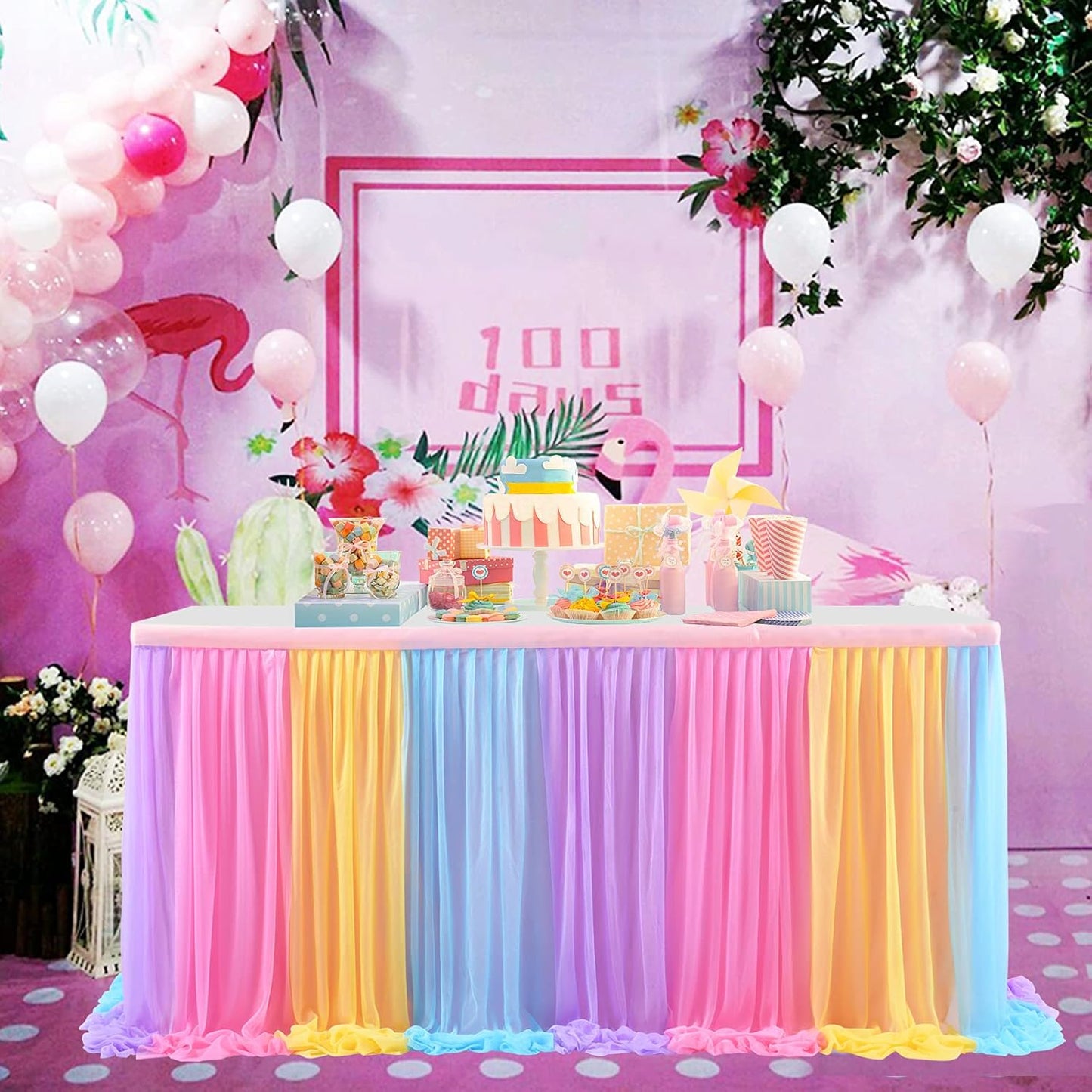 9ft Unicorn Tulle Table Skirt for Rectangle Tables or Round Tables Tutu Rainbow Tablecloth for Birthday Party Baby Shower Girl Boy Wedding Party Dessert Buffet Banquet Table Decorations