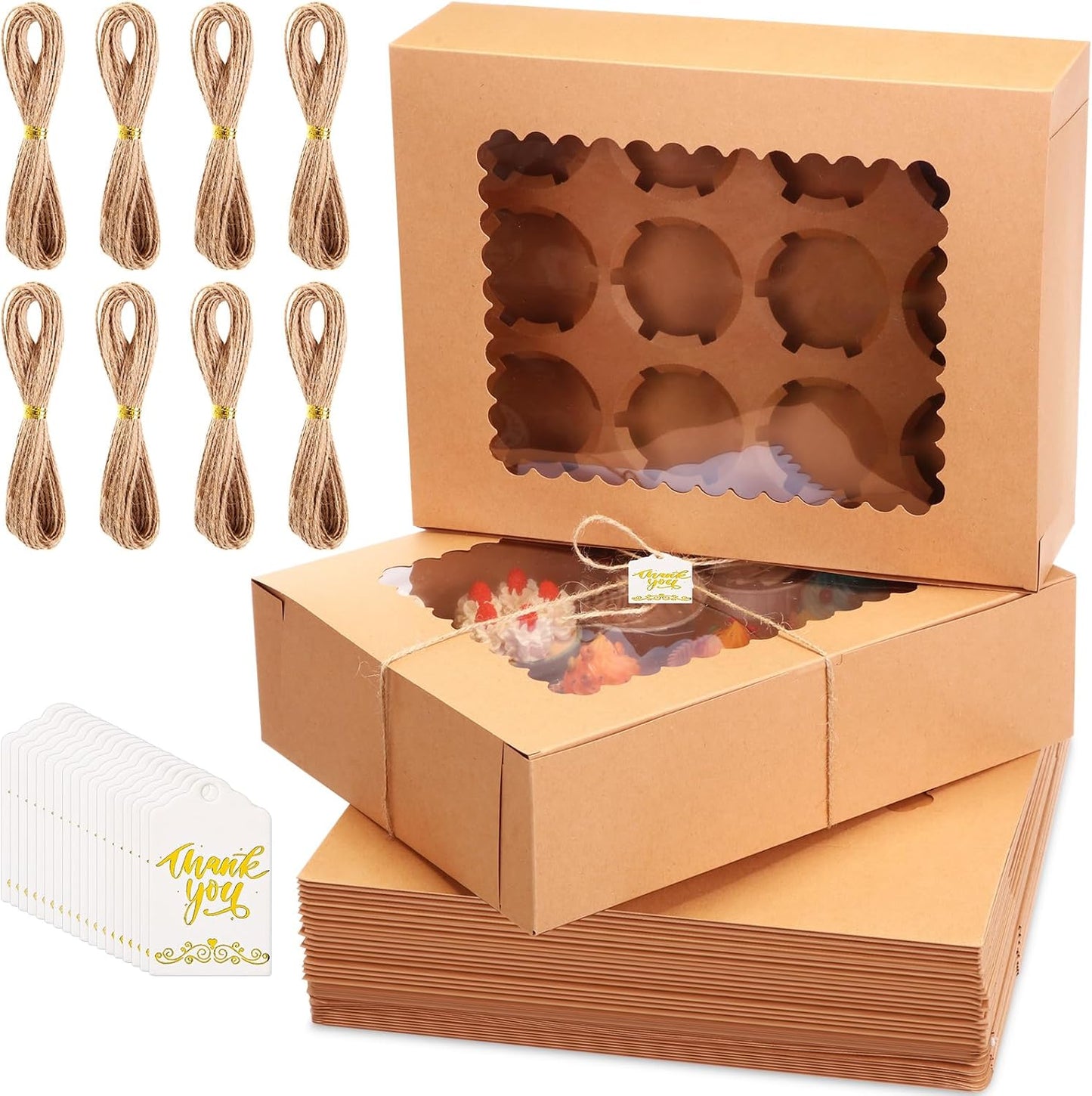 36 Pack Cupcake Boxes Hold 12 Standard Disposable Cupcake Containers with Window and Insert Cupcake Carrier with Thanks Card and Jute Rope to Muffins Cupcakes Cookies Gift Wrapping (Nature)