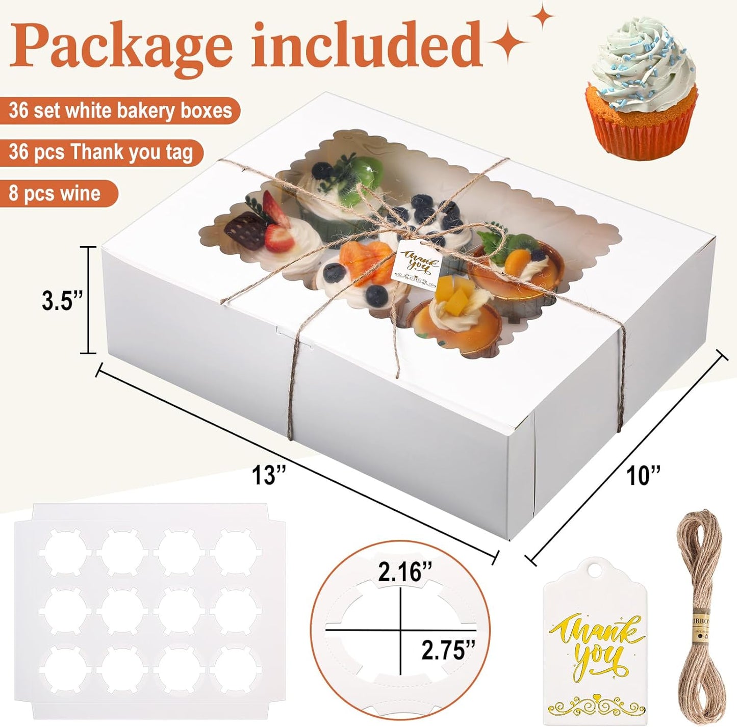 36 Pack Cupcake Boxes Hold 12 Standard Cupcakes Disposable Cupcake Containers with Window and Insert Cupcake Carrier with Thanks Card and Jute Rope to Muffins Cupcakes Cookies Gift Wrapping