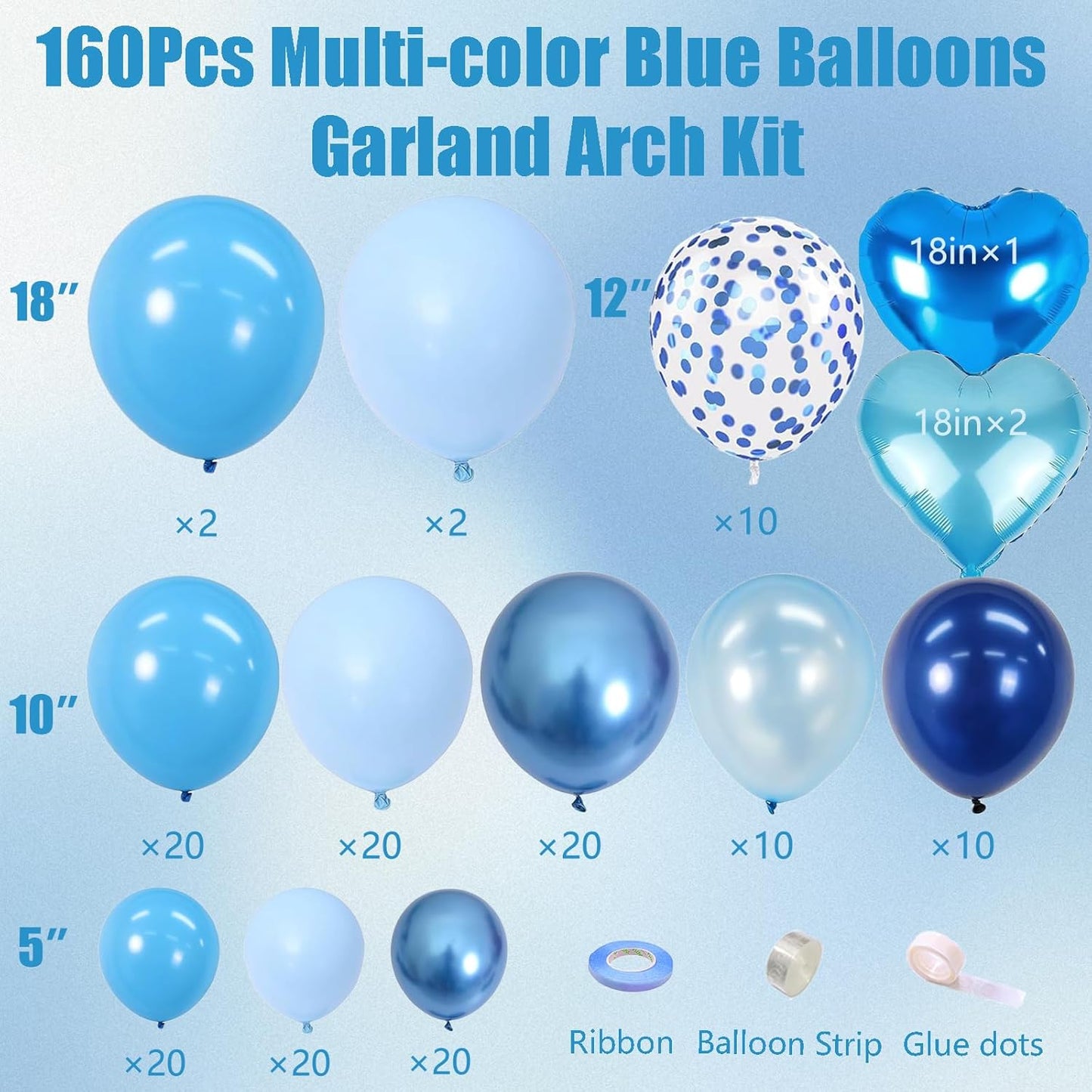 Blue Balloon and Metallic Blue Balloons Garland Arch Kit,160PCS Navy Pastel Pearl Blue Balloons with Heart Foil Balloon for Birthday Baby Shower Party Anniversary Decoration