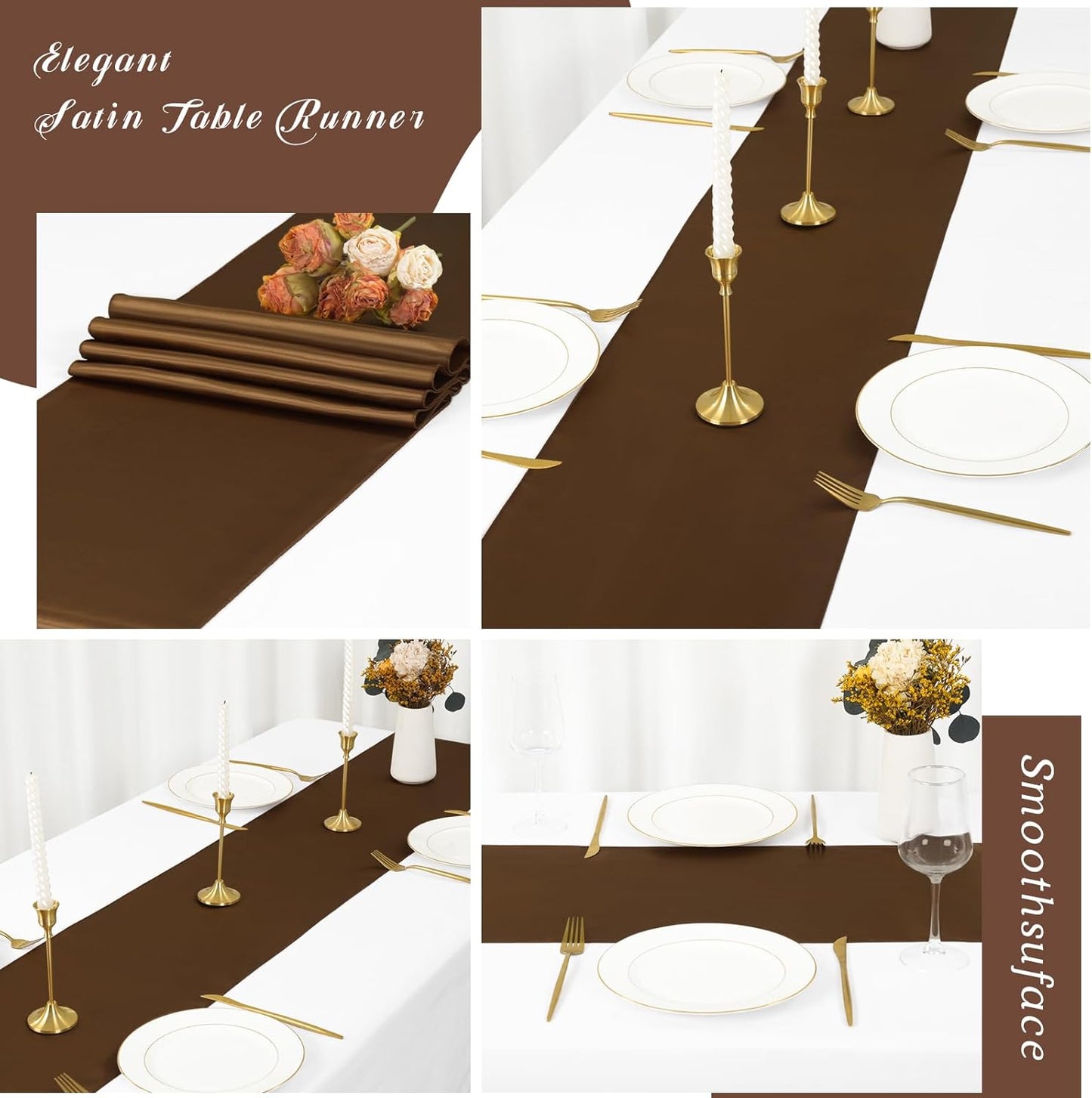 12 Pack Brown Satin Table Runner 12 x 108 inch Long Premium Smooth Table Runner for Wedding, Banquets, Birthday, Party, Graduation, Engagements,Table Runners fit Rectangle and Round Table