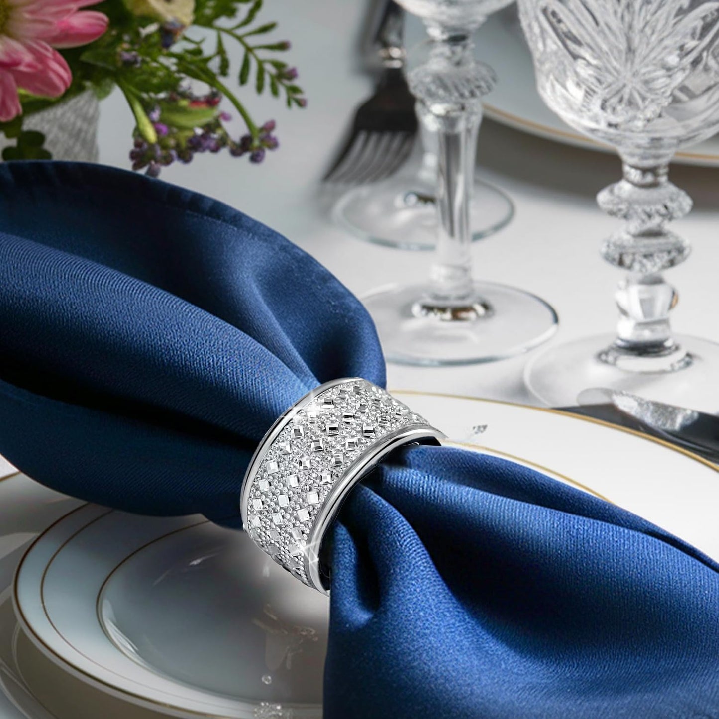 Silver Diamond Napkin Ring Set of 12 Rhinestone Crystal Glass Framed Napkin Holder for Table Decor,Thanksgiving,Christmas,Anniversary, Birthday, Holiday, Party Serviette Buckles Home Decoration