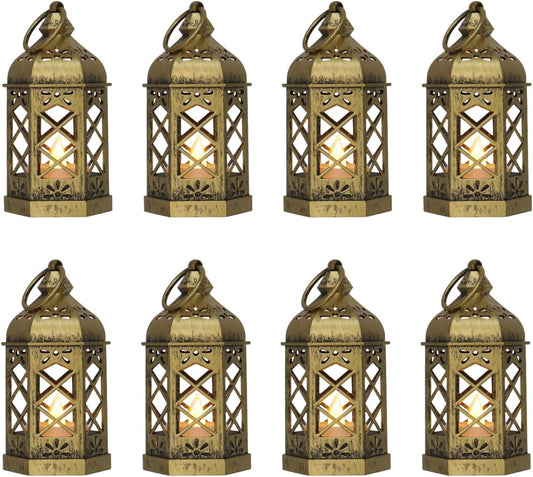 Mini Lantern with Flickering LED Candles for Halloween, LLQ (8Pack-5Inch) Vintage Decorative Candle Lanterns for Christmas Wedding Party Baby Shower Table Centerpiece, Xmas Tree Hanging Ornaments