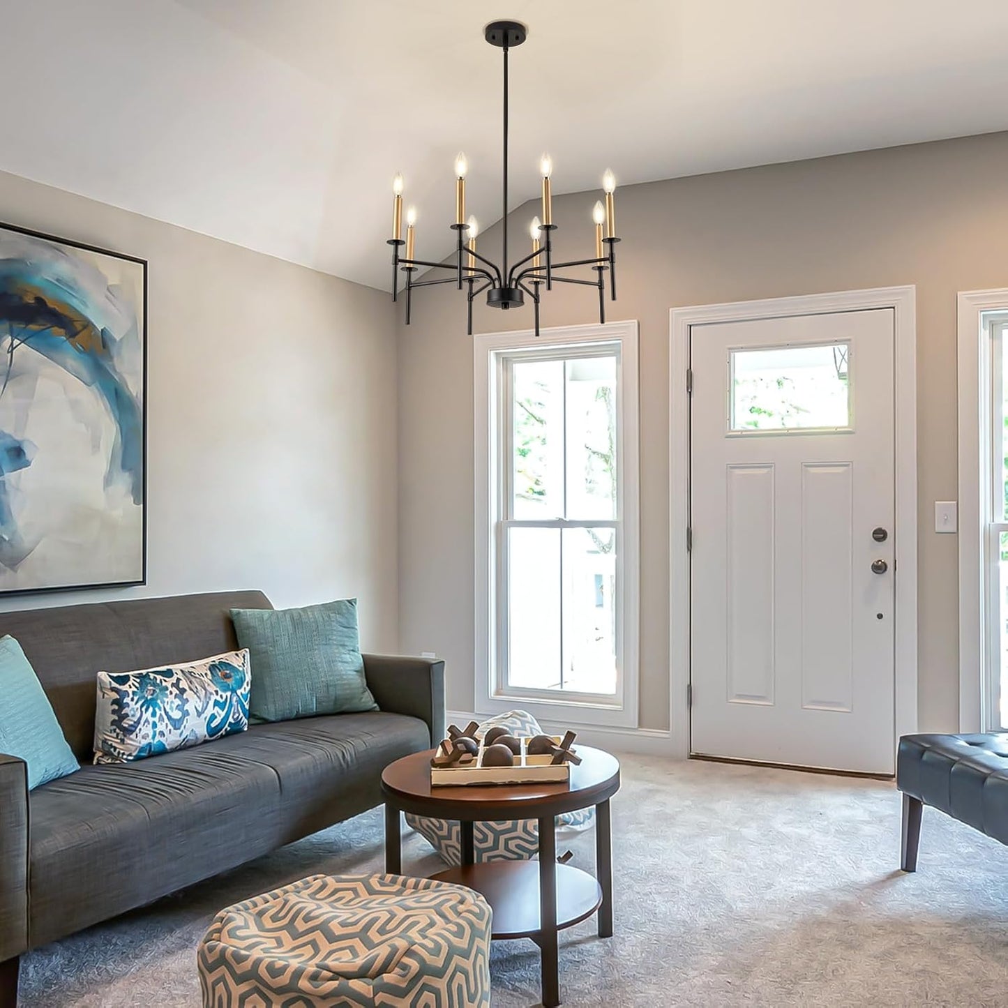 8 Light Modern Farmhouse Black and Gold Chandelier for Dining Room Over Table,Hanging Ceiling Candle Chandeliers Pendant Light Fixture for Living Room Staircase Entryway Foyer Kitchen