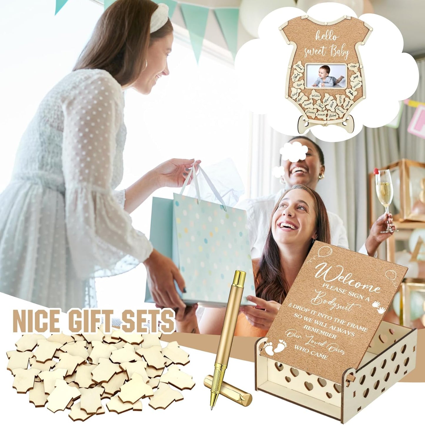 Wenqik 63 Pcs Bodysuit Baby Shower Guest Book Alternatives Set Baby Shower Decorations with Photo Frame Sonogram Frame Keepsake 60 Wood Slices Guest Book for Birthday
