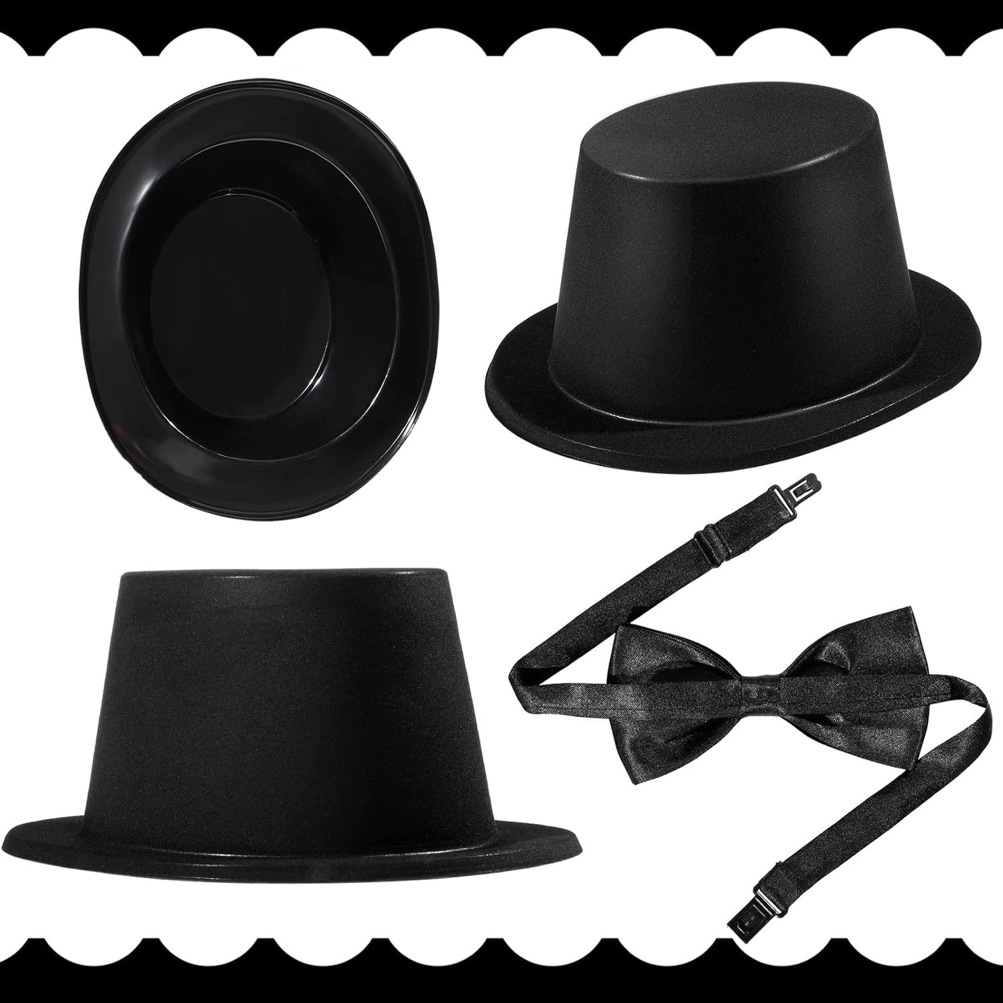 SATINIOR Magician Costume Headwear Set, Includes 12 Pieces Black Top Hat and 12 Bow Ties, Adjustable Length Bow Ties for Party, Costume Accessories for Halloween, Cosplay, Stage Performances, Black