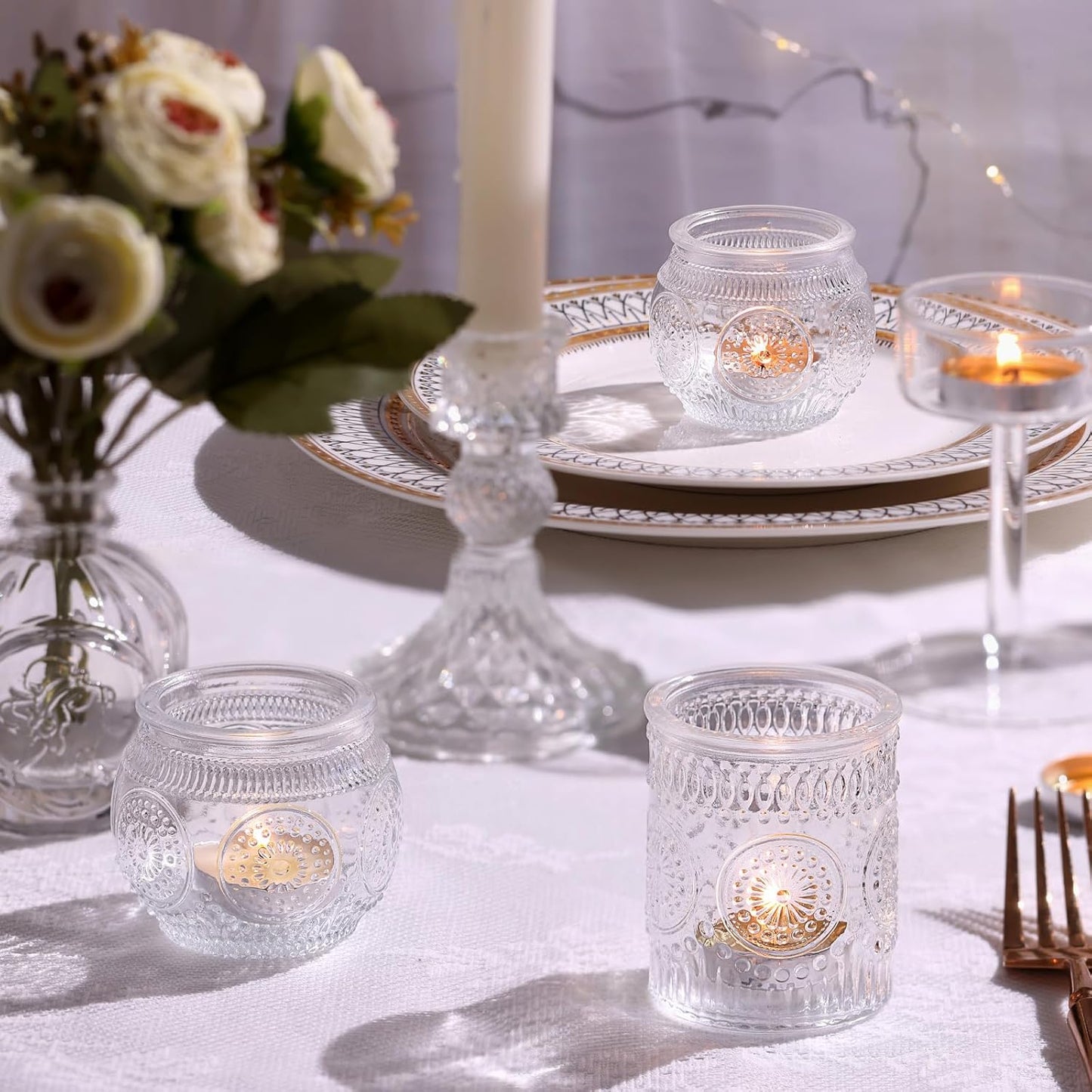 DARJEN 24Pcs Clear Votive Candle Holders - Glass Tea Light Candle Holder, Candle Holders Bulk, Embossed Candle Votives for Wedding Centerpiece & Home Decor