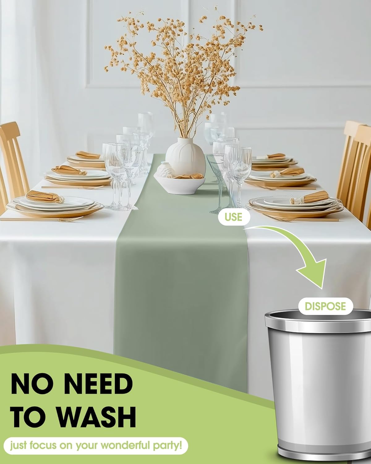 Pureegg Sage Green Plastic Table Runners - 10 Pack, 14'' x 108'', Water Resistant & Disposable Centerpiece Decorations for Table Cloth, Wedding, Birthday, Holiday, Baby Shower, Party, Home Decor