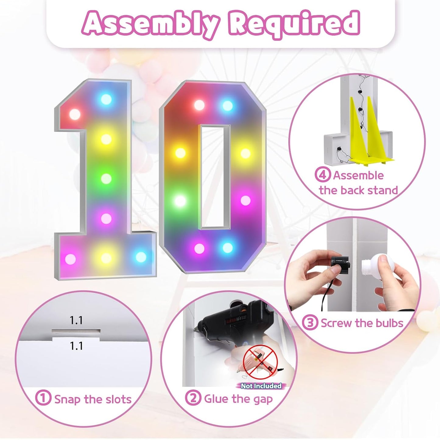 Marquee Numbers 10th-Birthday Decoration: Colorful 3FT Large Light Up 10 Year Old Birthday Decorations Anniversary Backdrop for Boys Girls Cardboard Sign 18 Colors Number 10 Mosaic Balloon Frame