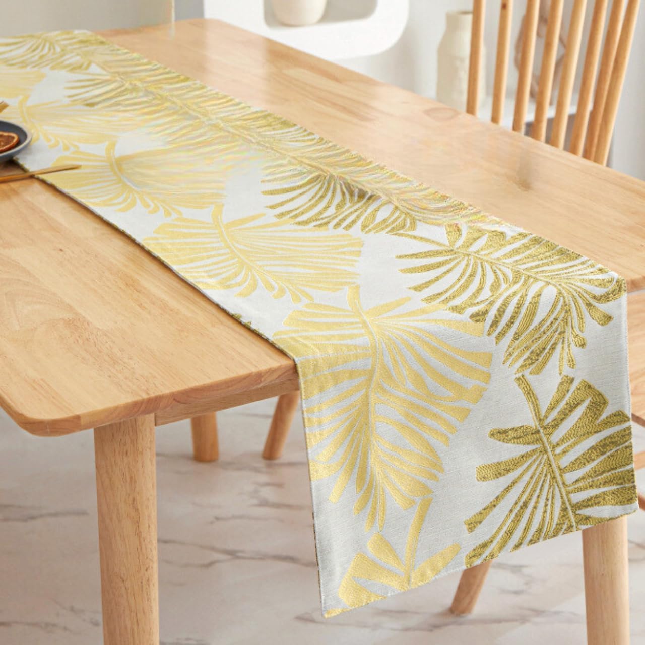 Monstera Leaf Table Runner – Elegant Fabric Table Centerpiece, Machine Washable, Gold or Green, 71"/83"/94" Length, 13" Width (Gold/71)