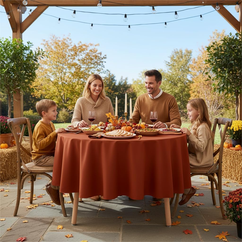 sancua Thanksgiving Round Tablecloth - 90 Inch Burnt Orange - Water Resistant Spill Proof Washable Polyester Fall Table Cloth Decorative Fabric Table Cover for Dining Buffet Parties and Camping, Rust