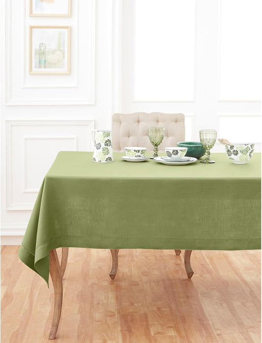 Solino Home Linen Tablecloth 60 x 144 Inch - Classic Hemstitch 100% Pure Linen Moss Green Table Cloth for Rectangle Tables - Machine Washable Tablecloth for Fall, Autumn, Thanksgiving