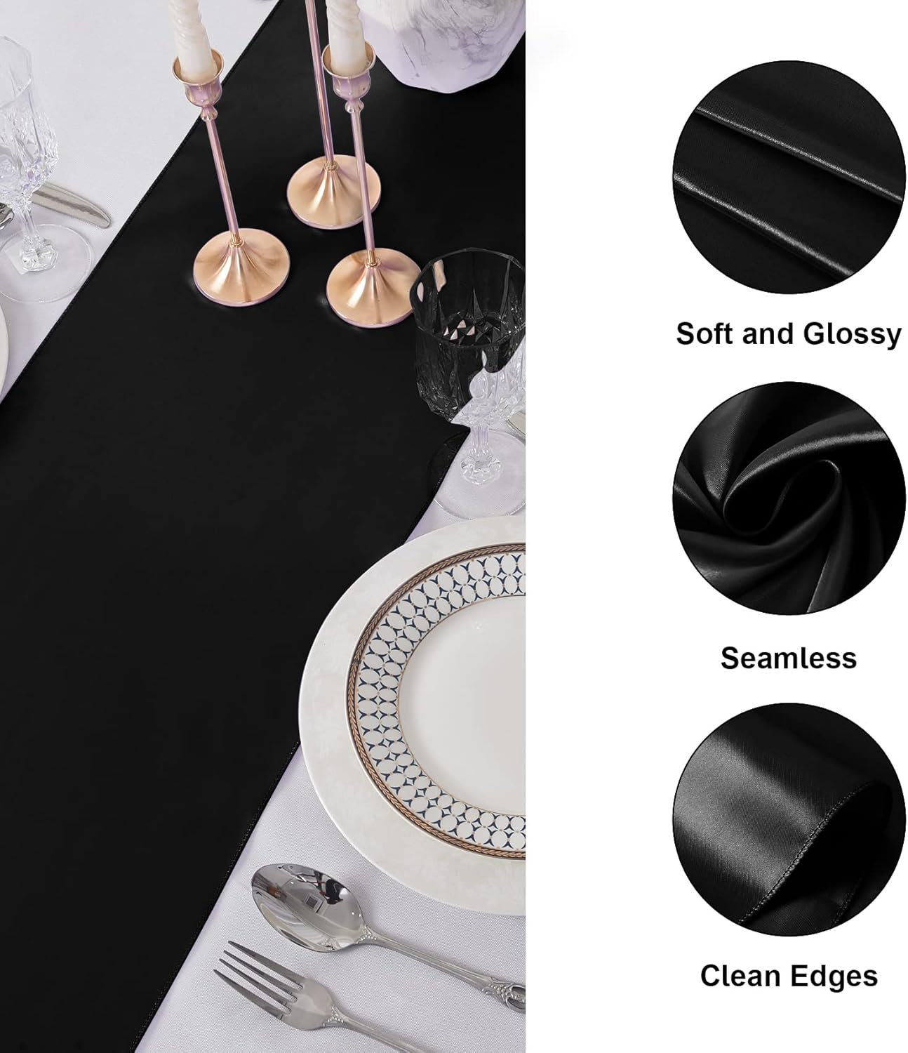 6Pack Table Runner 12 x 108 Inches Satin Silk Table Runner for Wedding, Birthday Party, Banquets, Graduations Decoration, fit Rectange and Round Table-Black