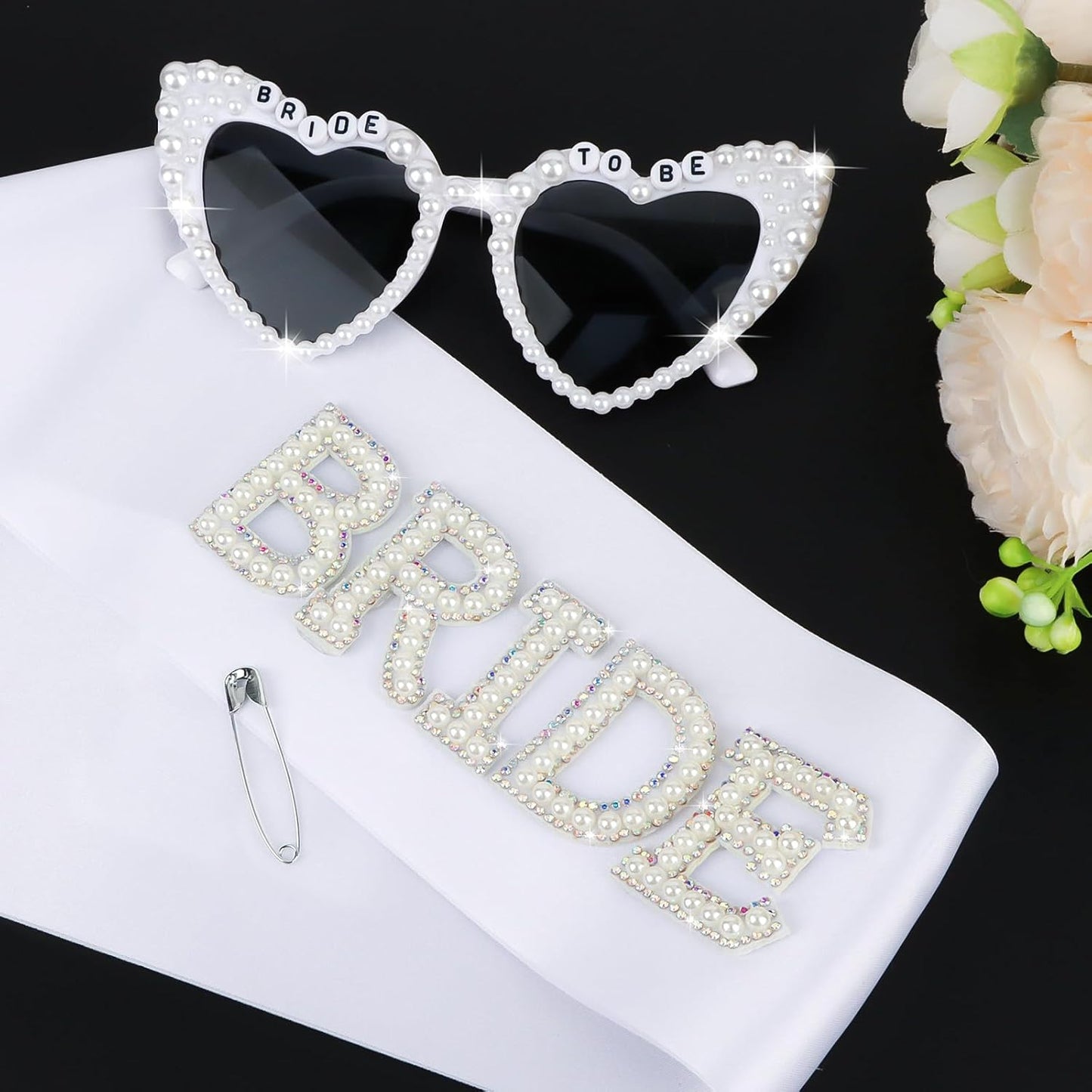 White Bride Sash & Heart Sunglasses Set Bachelorette Party Decorations Bridal Shower Engagement Party Decorations
