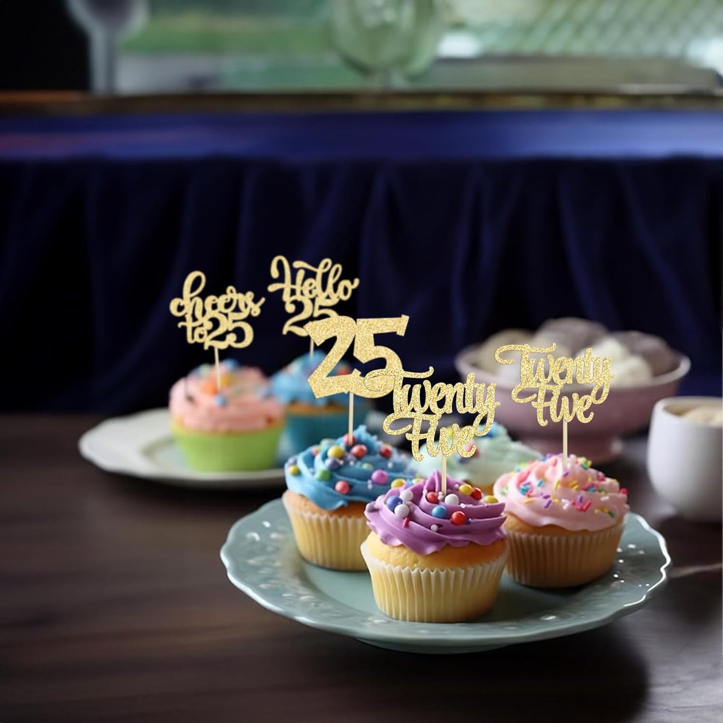 30pcs 25th Birthday Cupcake Toppers - 25th Anniversary Cake Decorations with Gold Glitter