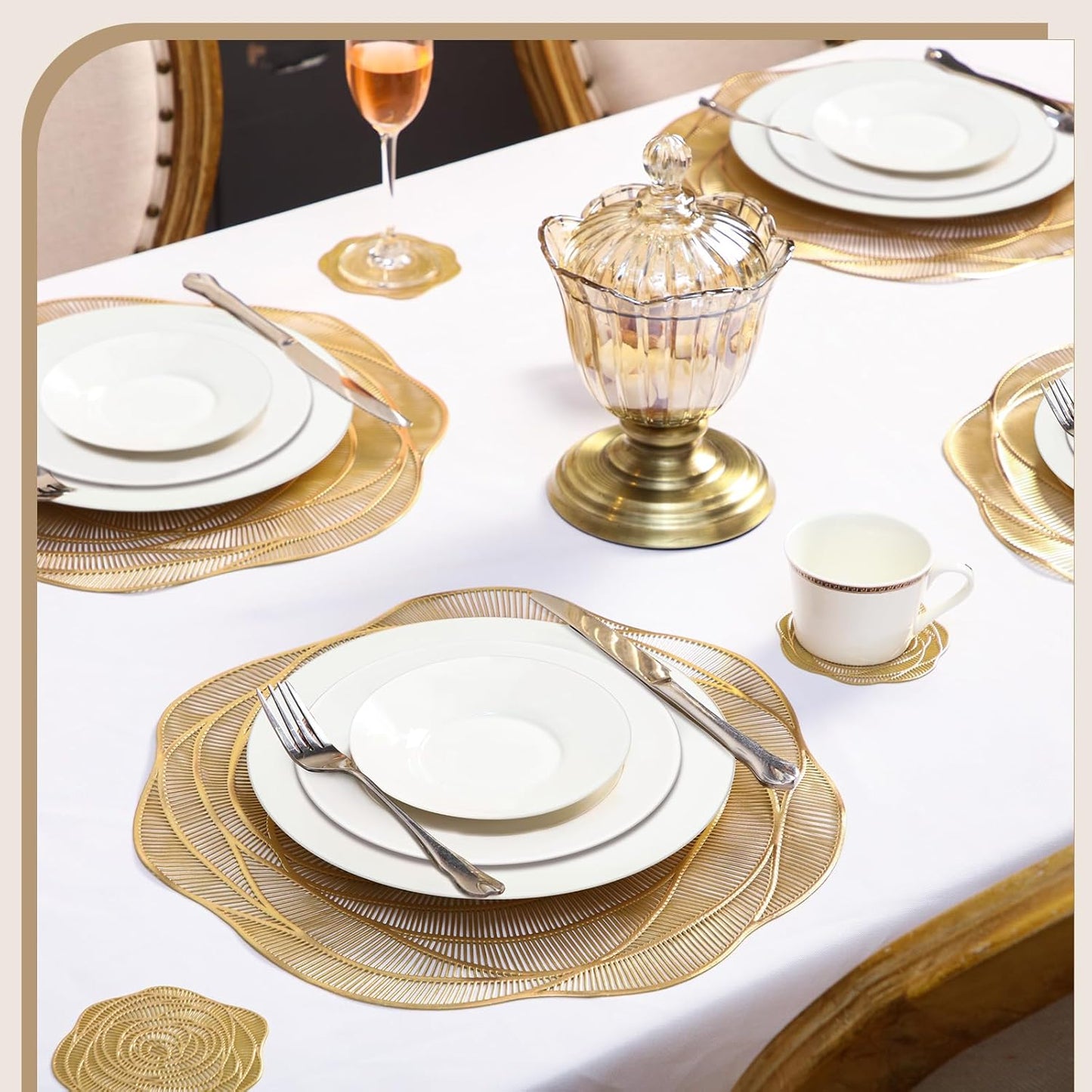 Sieral 12 Set 15 Inch Round Pressed Vinyl Placemats Hollow Out Rose Placemat Set Metallic Slip Resistant Place Mat Coaster Including Place Mats and Coasters for Wedding Dining Kitchen (Gold)