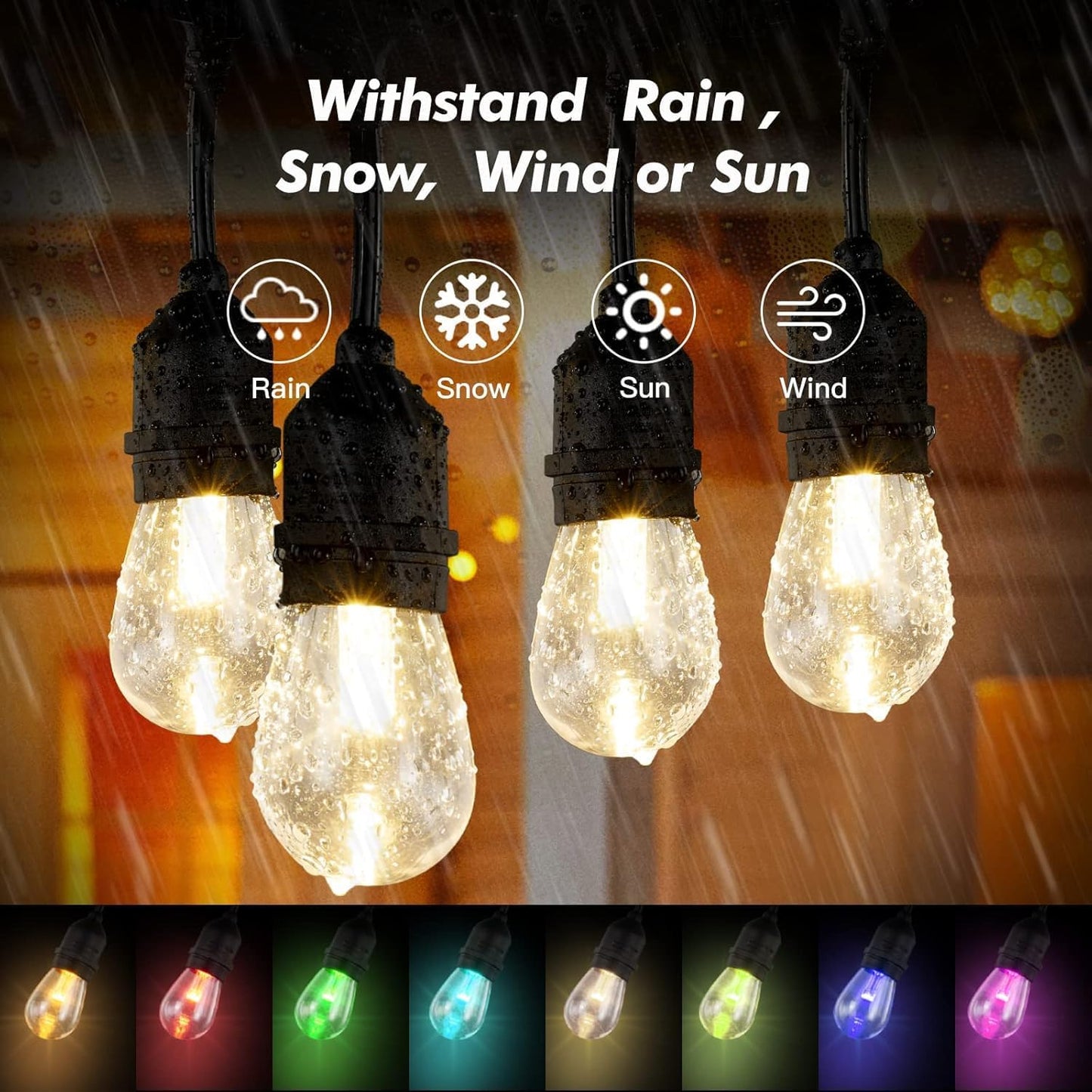 48FT Solar Outdoor String Lights, 15 Shatterproof Edison LED Bulbs, Dimmable RGB Color Changing Patio Lights with 8 Modes & Remote, Waterproof Commercial Grade for Garden, Yard, Party