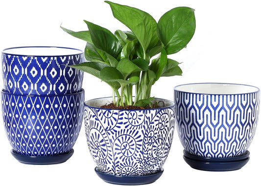 Selamica Ceramic Plant Pots, 5.6 Inch Flower Pots for Indoor Plants with Drainage Hole and Saucer,Home Decor, Set of 4, Vintage Blue
