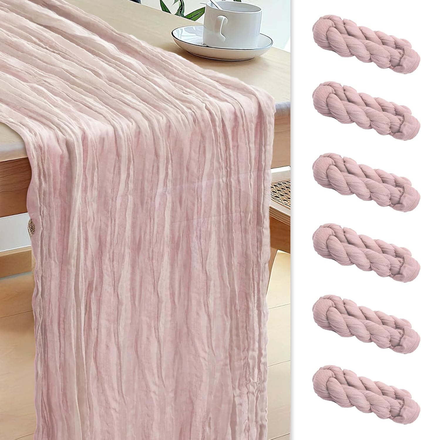 Le courant 6pcs 10Ft Cheesecloth Table Runner, Rustic Boho Gauze Cheese Cloth Runner Table Runner for Weddings Bridal Baby Shower Birthday Holiday Parties Home Decor, Dusty Pink