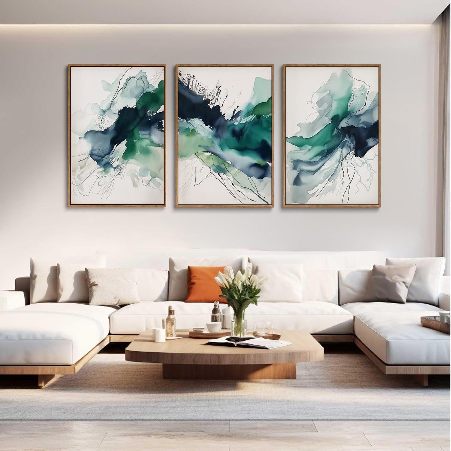 myusuar 3 Piece Large Abstract Framed Wall Art For Living Room, Smoke Texture Ink Emerald Green Canvas Wall Art Modern Minimalist Art Prints Wall Décor For Bedroom Office 24x36in
