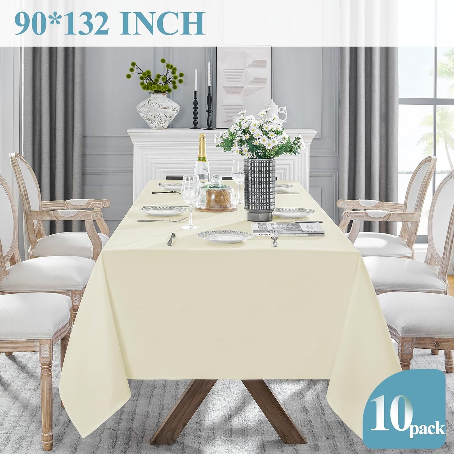 VidaFete Tablecloth 10 Pack 90 * 132inch Rectangle Table Cloth Polyester, Stain Wrinkle Resistant Polyester Dining Table Cover for Kitchen Dinning Party Wedding Rectangular Buffet Decoration(Ivory)