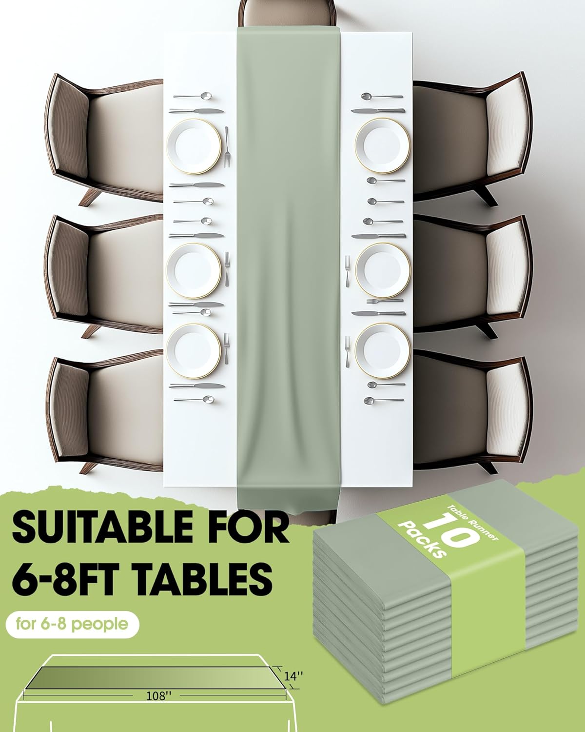 Pureegg Sage Green Plastic Table Runners - 10 Pack, 14'' x 108'', Water Resistant & Disposable Centerpiece Decorations for Table Cloth, Wedding, Birthday, Holiday, Baby Shower, Party, Home Decor