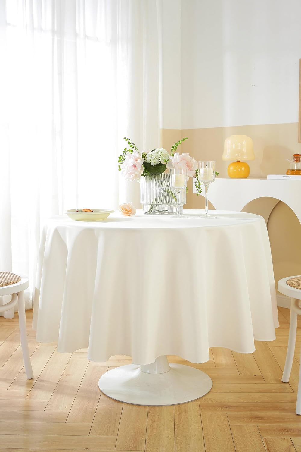 Craft And Party Round Tablecloth, 120 Inch Ivory Tablecloth, Polyester Fabric Washable Table Cloth for Home, Party, Wedding or Restaurant Use.