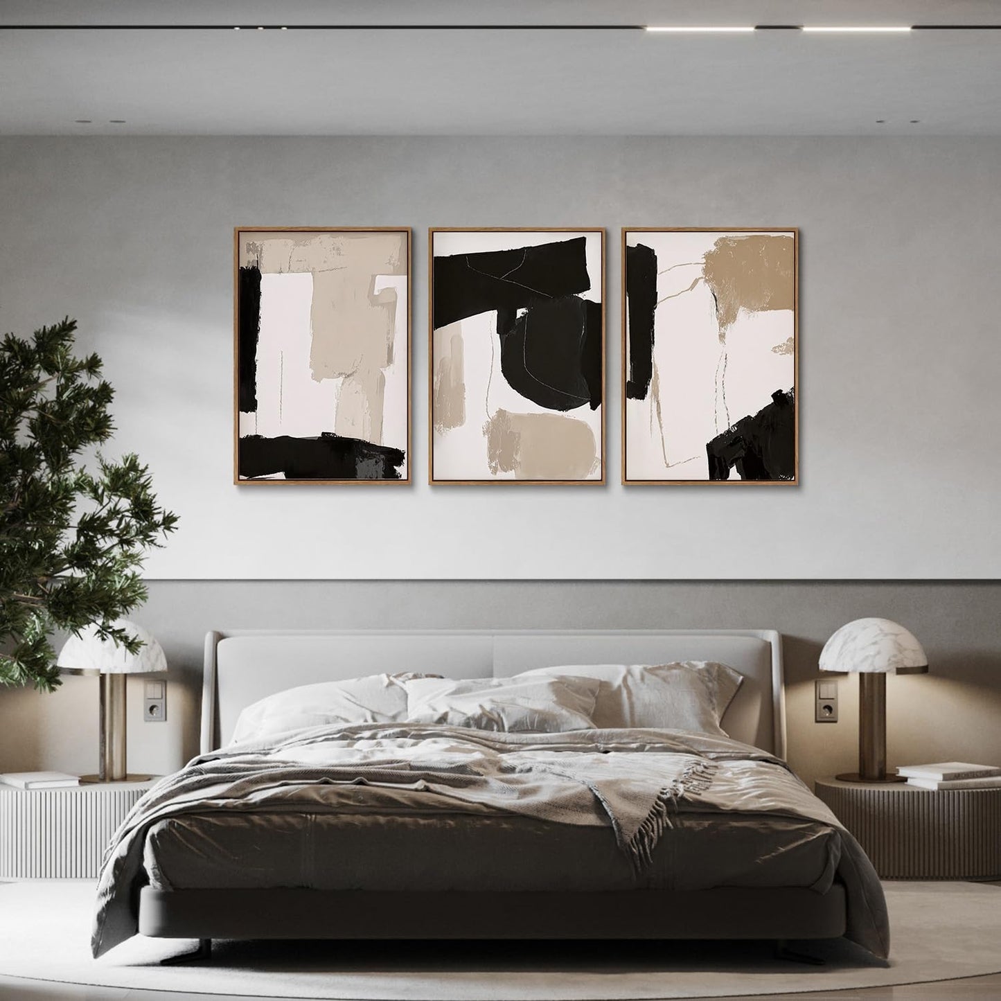 myusuar 3 Piece Large Modern Abstract Canvas Framed Wall Art For Living Room, Black And Beige Blocks Minimalist Wall Art Decor Posters Prints For Bedroom Office, 24x36in