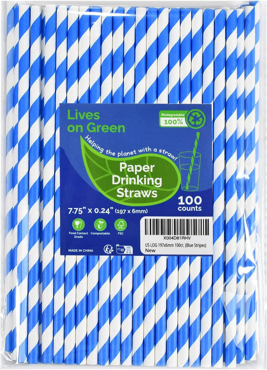Blue Stripes Disposable Paper Party Straws for Drinking 7.75 inch 100 Counts, Compostable - for Cocktail, Coffee, Juice