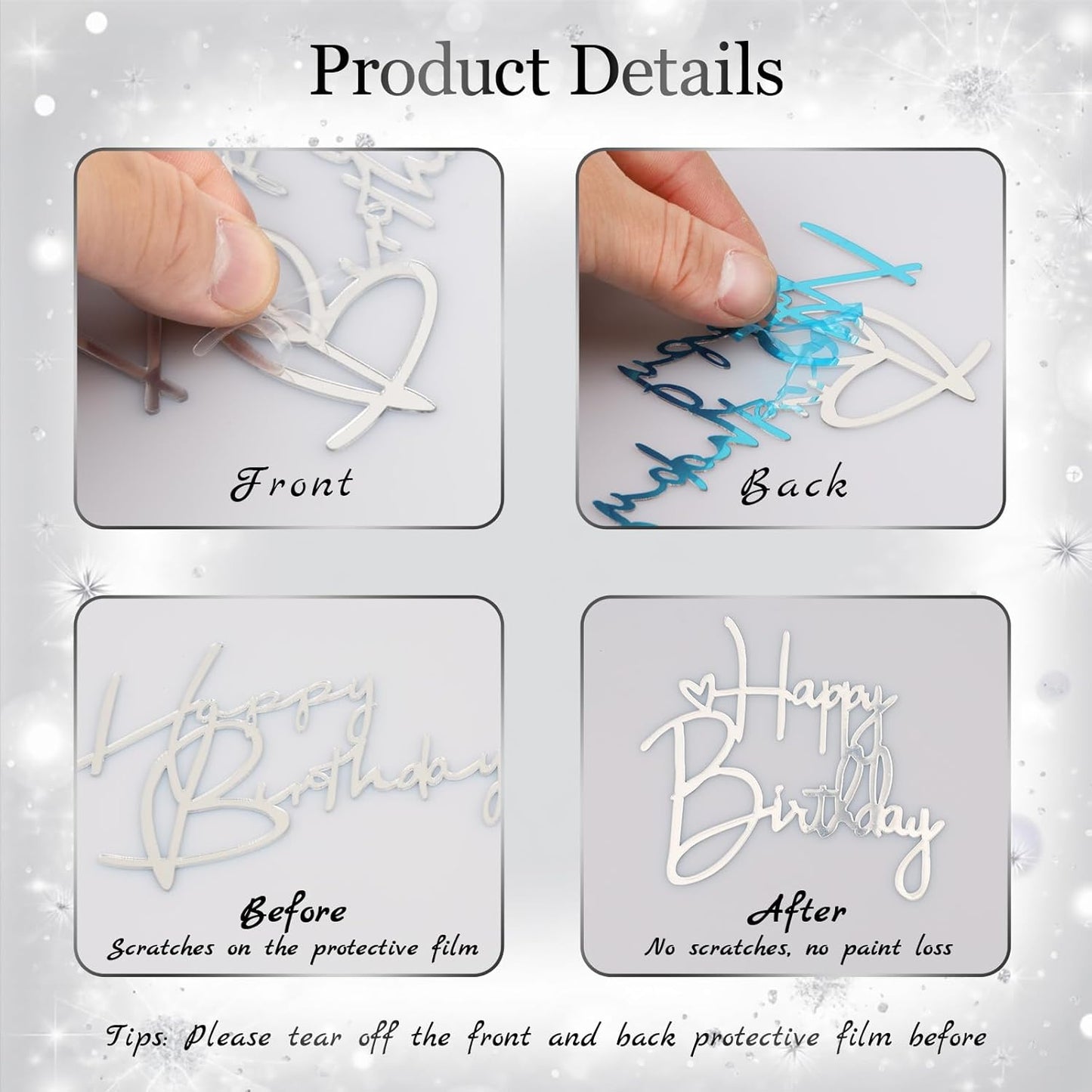 10 PCS Silver Happy Birthday Cake Topper Mirror Acrylic Cake Toppers Double-Sided Glitter Birthday Decorations for Girls Women's Party Supplies