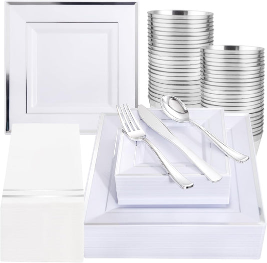 Festiva 350Pcs Silver Plates - Silver Square Plastic Plates 9 .5" and 6" - serve for 50 guests include 50 Cups 50Plastic Cutlery 50Hand Napkins Perfect for Party&Wedding&Birthday&Easter Day