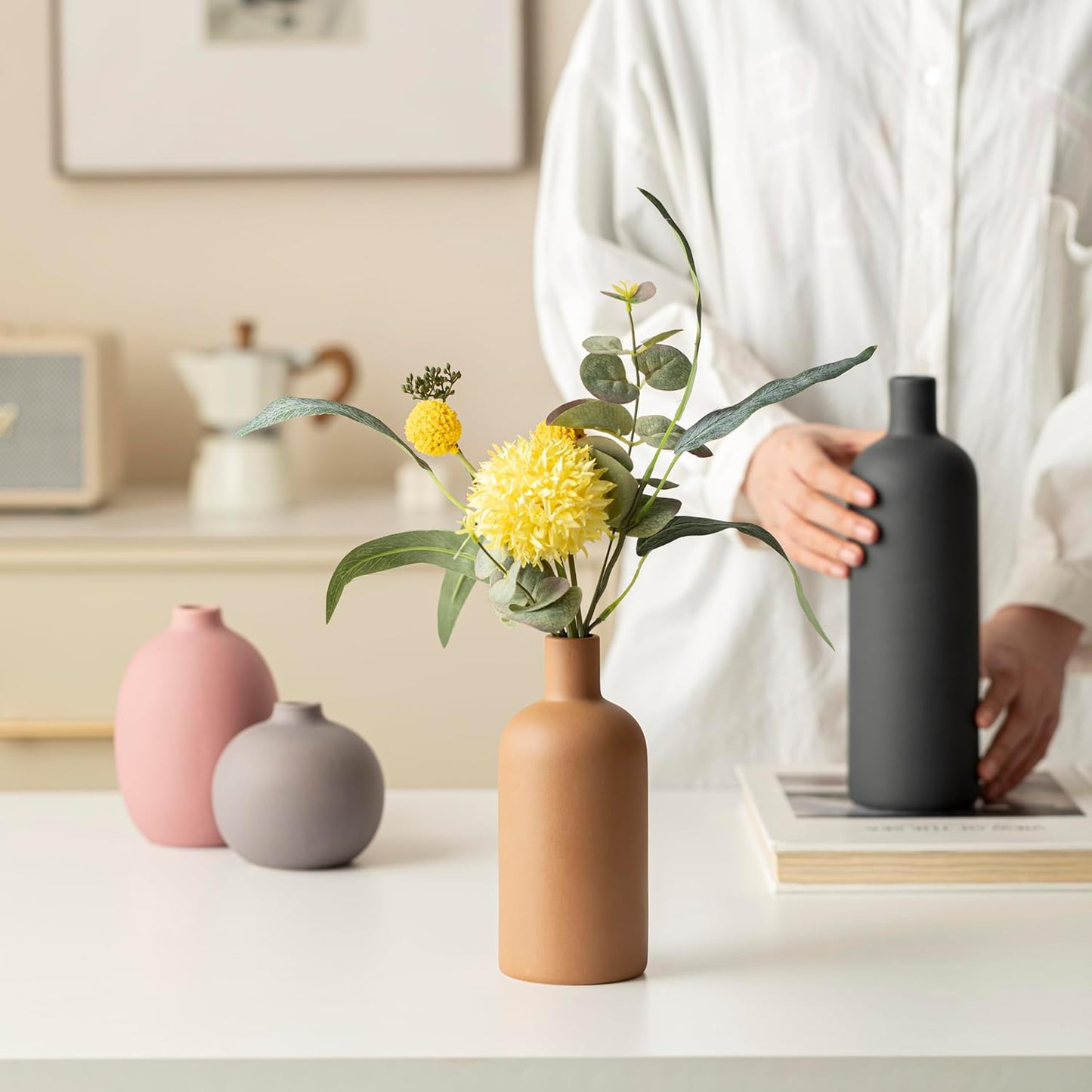 Modern Ceramic Vase Set, Neutral Colors, Decorative Vases for Home Shelf Decor, 4 Piece Collection (Black Mix Set 4)