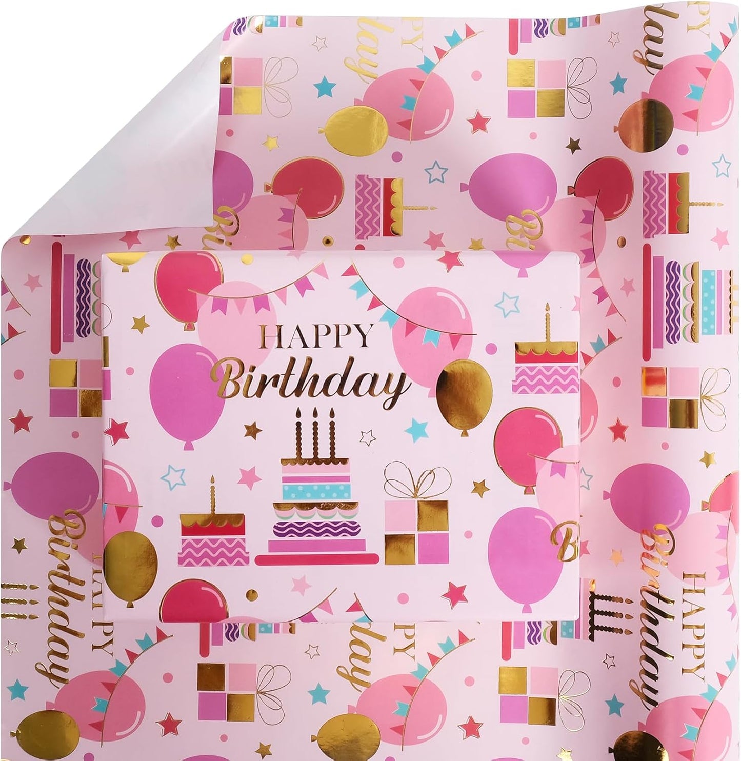 Aimyoo Pink Birthday Wrapping Paper Roll - 17 Inch X 32.8 Feet - Gold Foil Celebration Cake, Balloon, Happy Birthday Lettering Design Gift Wrap for Kids, Baby Showers