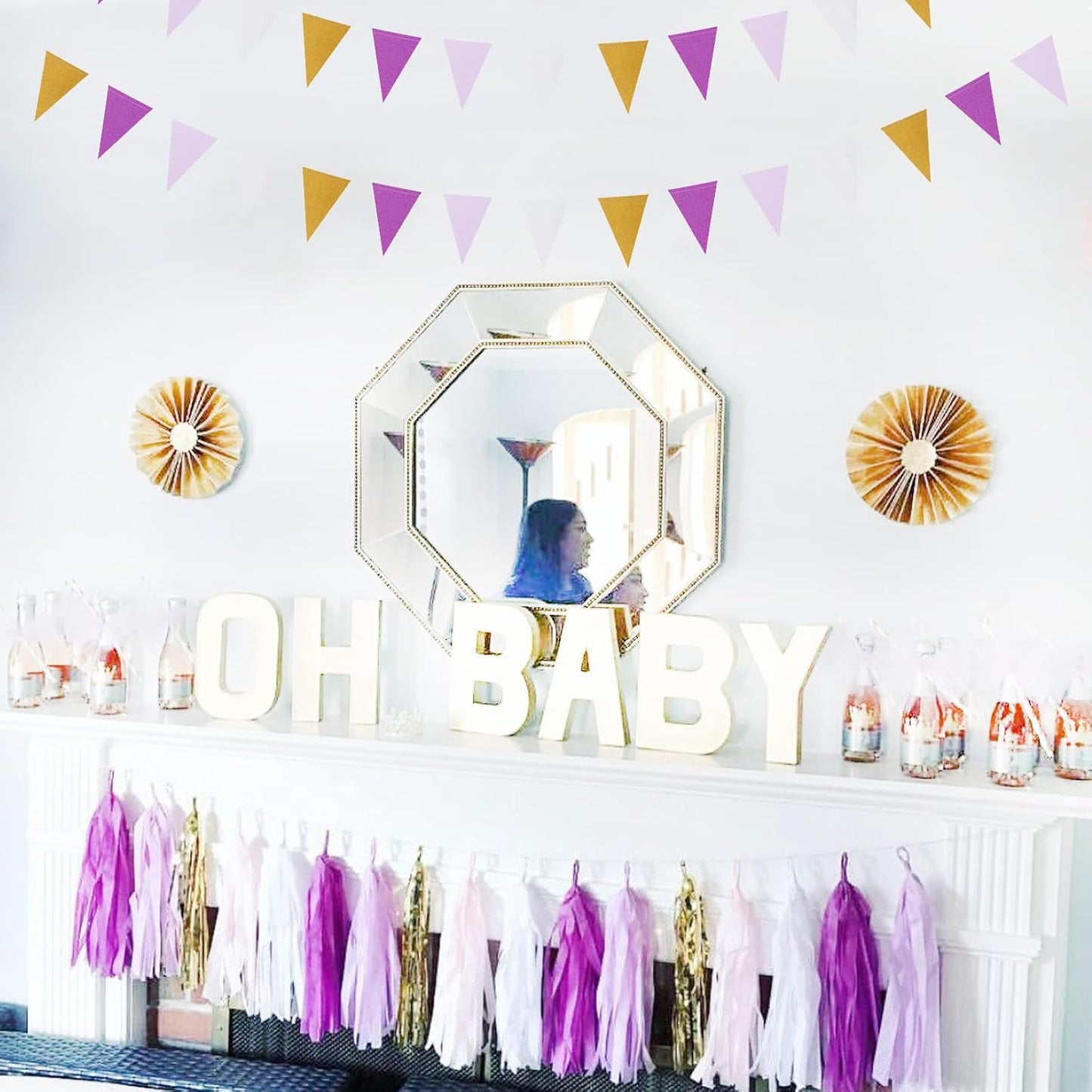 Purple Gold Graduation Decorations - 30pcs Kits Lavender White Paper Flowers,Banner Flags,Tassel Streamer Garland Engagement Girl Baby Bridal Shower Party Decoration Lasting Surprise