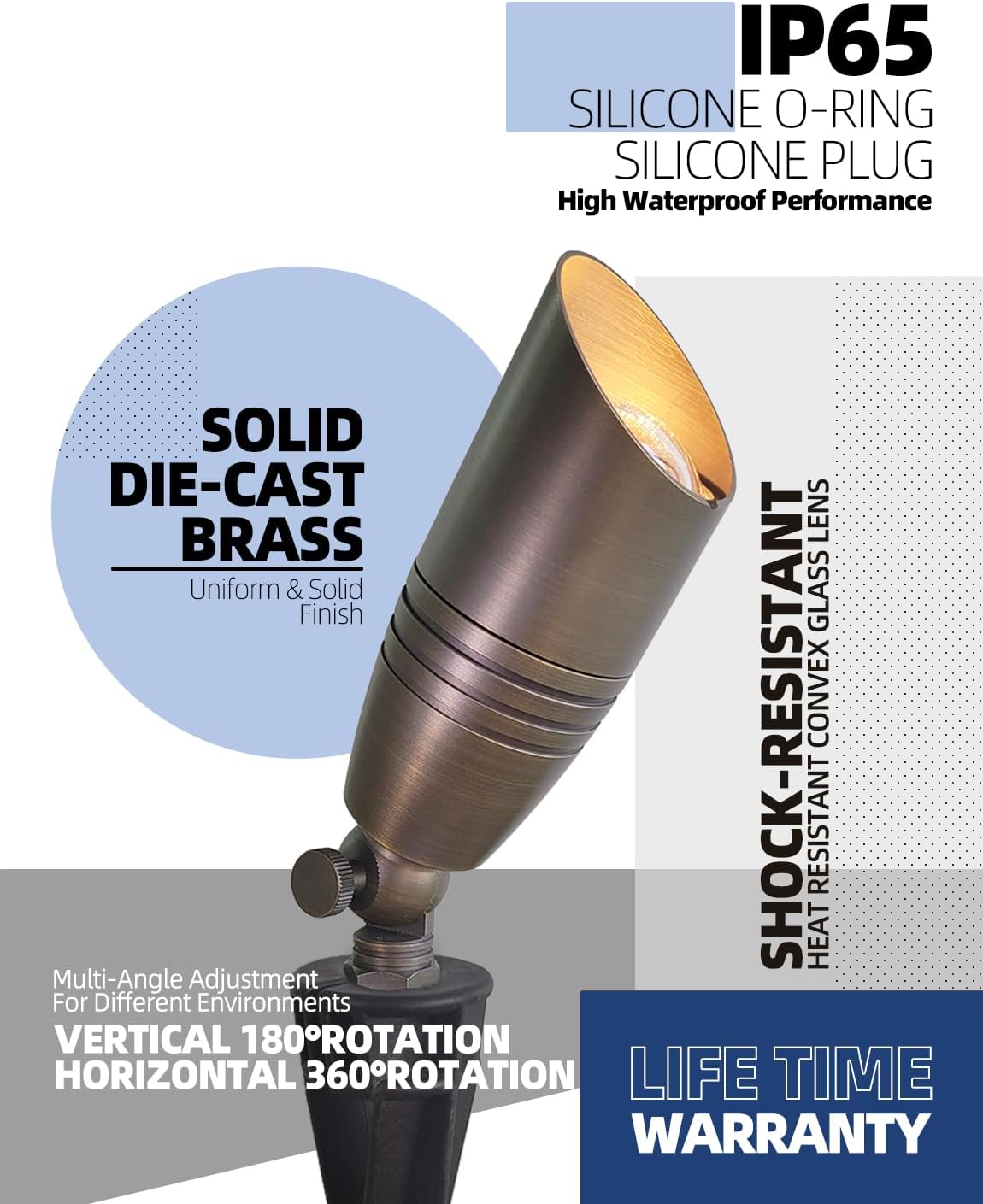 MALORY Brass Landscape Spotlights 10-Pack with Bulb Kit(S02), Low Voltage 12V AC/DC LED Outdoor Spot Uplights for House and Tree,PVC Ground Stake and Wire Connector Included, 5W 2700K Warm White