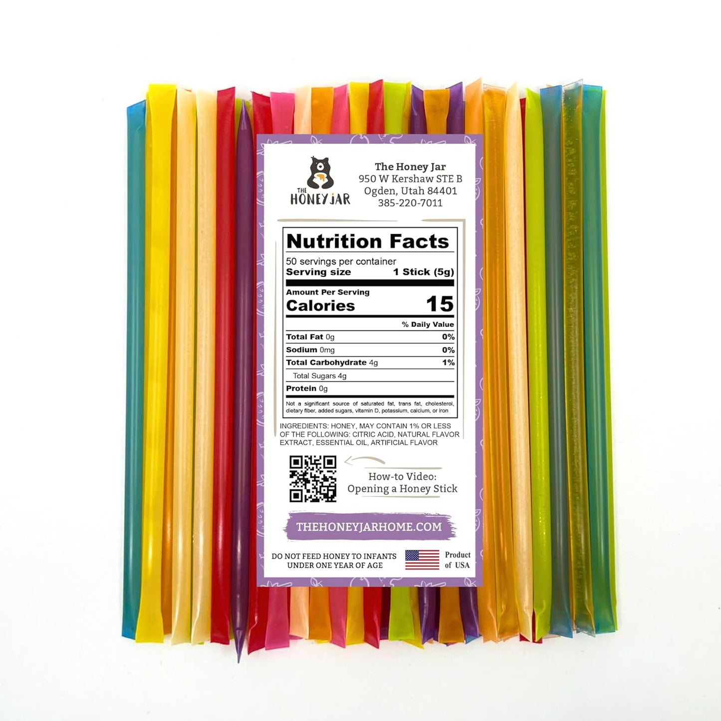 The Honey Jar Variety Pack Honey Sticks - Pure Honey Straws For Tea, Coffee, or a Healthy Treat - One Teaspoon of Flavored Honey Per Stick - Made In The USA with Real Honey - (50 Count)